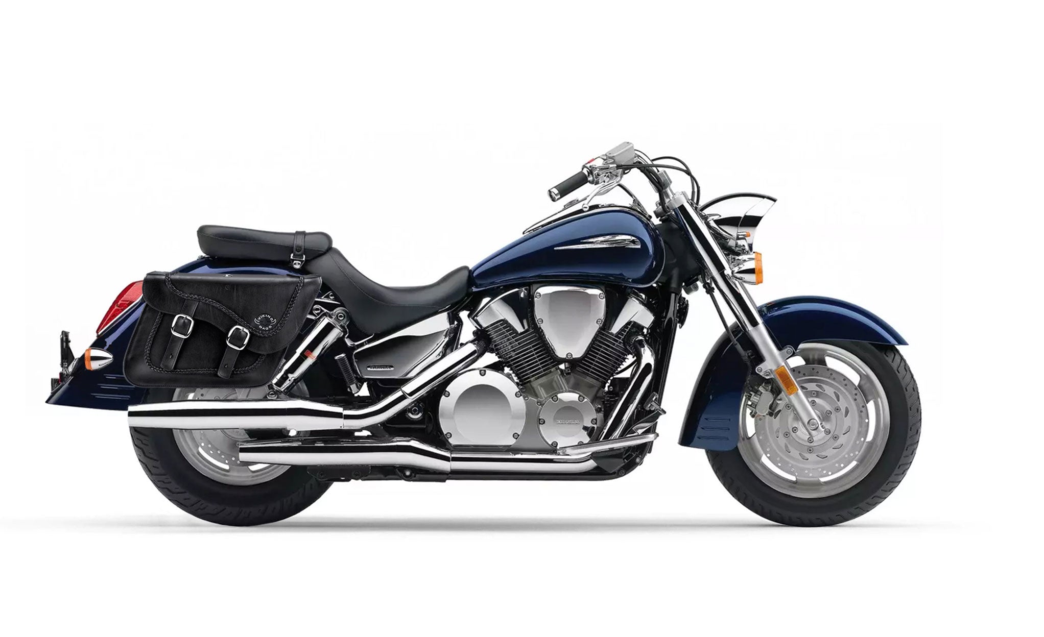 Viking Americano Honda Vtx 1300 R Retro Braided Large Leather Motorcycle Saddlebags on Bike Photo @expand