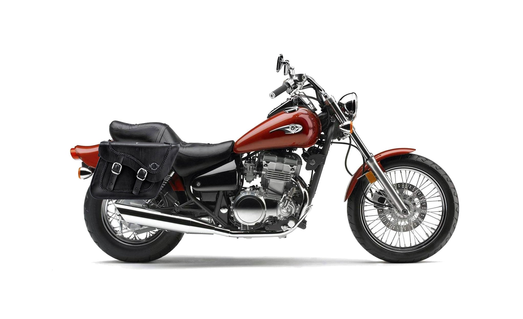 Viking Americano Kawasaki Vulcan 500 En500 Braided Large Leather Motorcycle Saddlebags on Bike Photo @expand