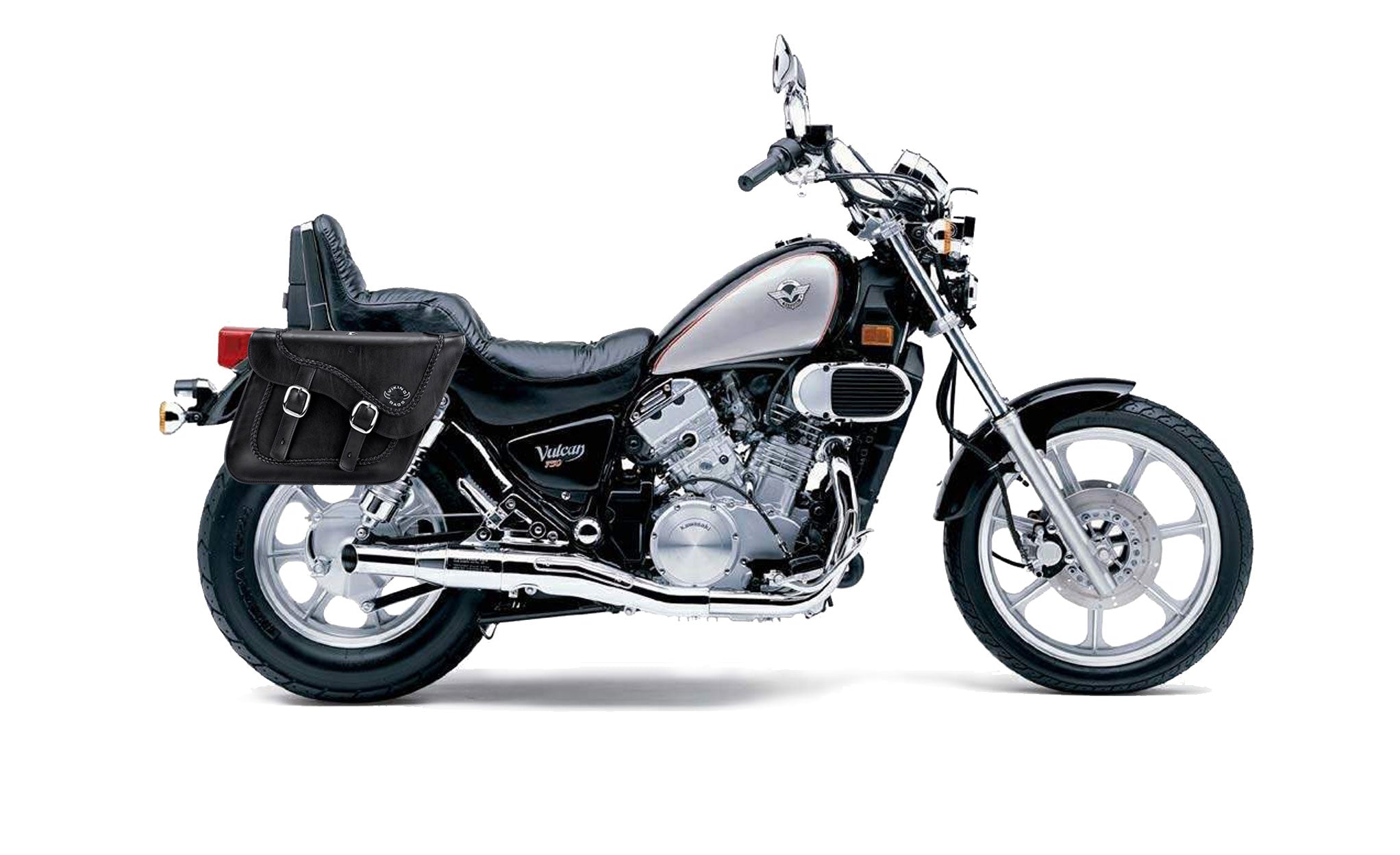 Viking Americano Kawasaki Vulcan 750 Vn750 Braided Large Leather Motorcycle Saddlebags on Bike Photo @expand