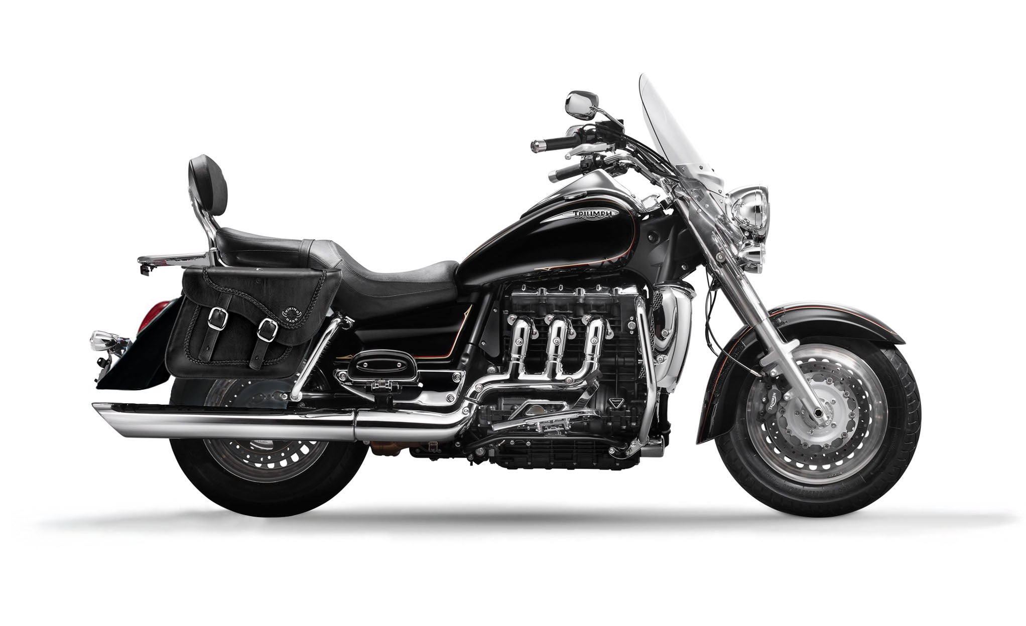 Viking Americano Triumph Rocket Iii Touring Braided Large Leather Motorcycle Saddlebags on Bike Photo @expand