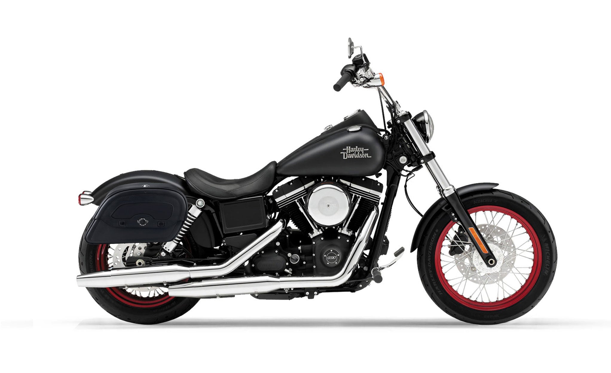 Viking Warrior Medium Leather Motorcycle Saddlebags For Harley Dyna Street Bob Fxdb I on Bike Photo @expand