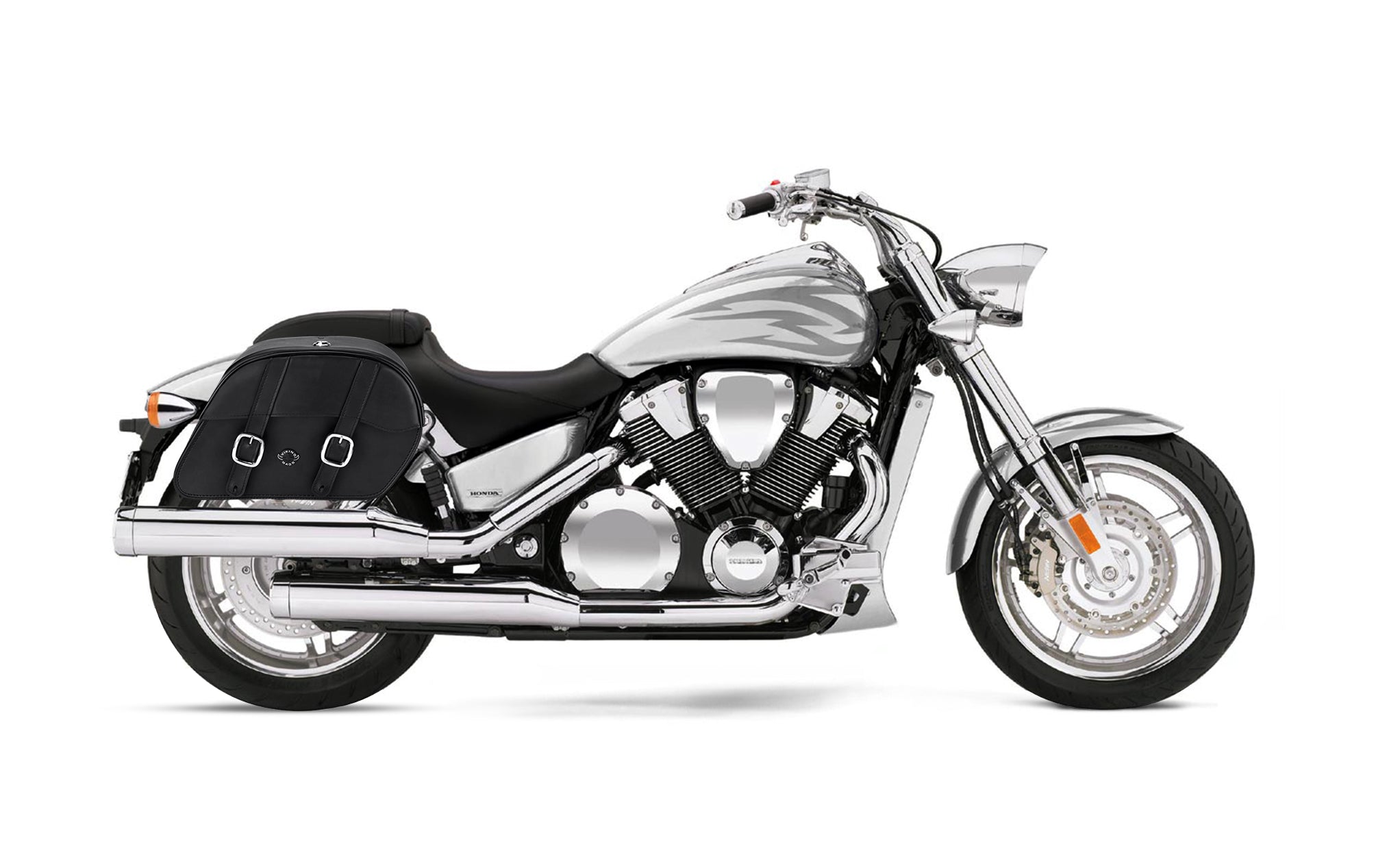 Viking Skarner Large Honda Vtx 1800 F Shock Cut Out Leather Motorcycle Saddlebags on Bike Photo @expand