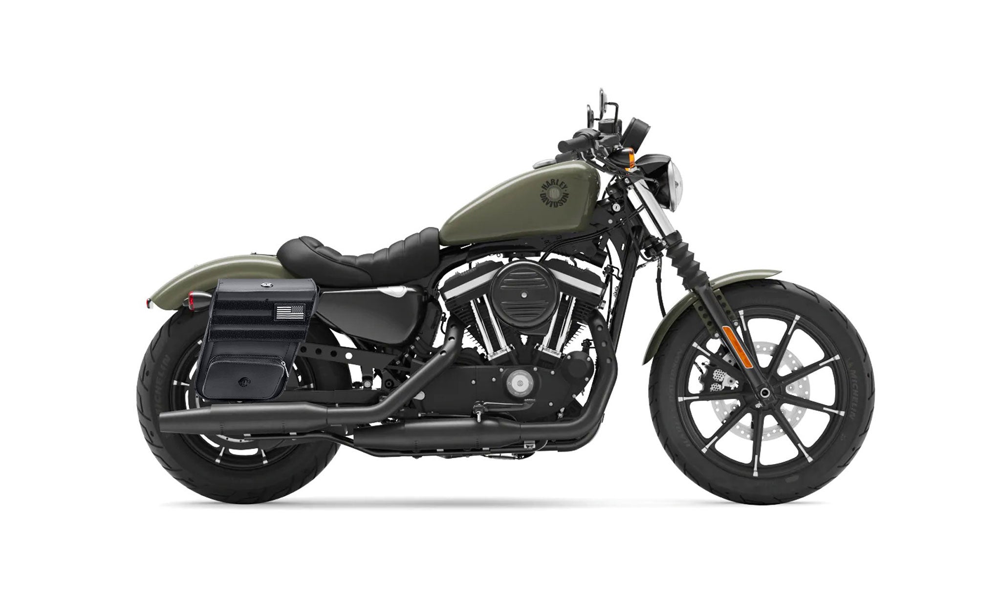 Viking Military Medium Leather Motorcycle Saddlebags For Harley Sportster 883 Iron Xl883N on Bike Photo @expand