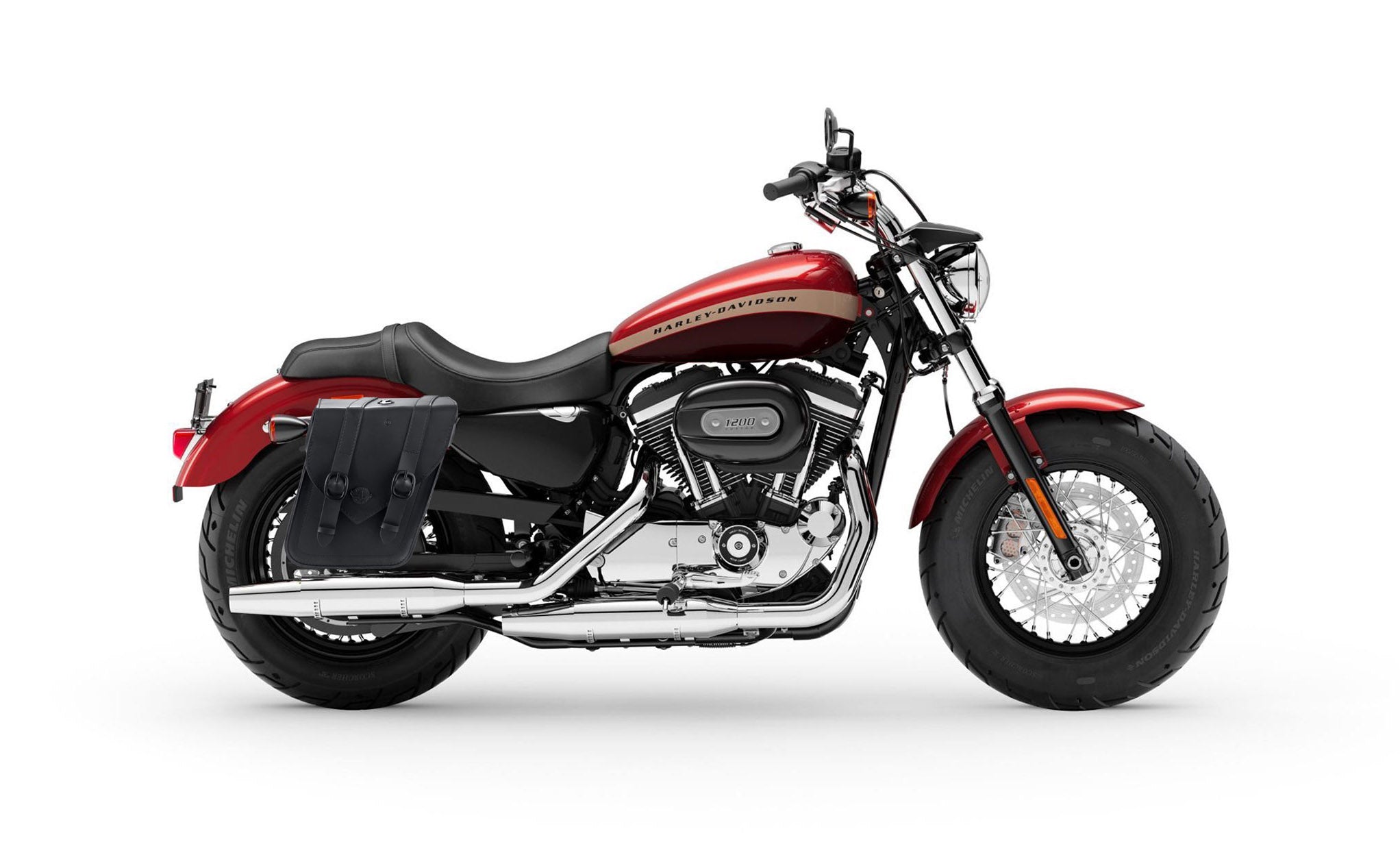 Viking Dark Age Medium Leather Motorcycle Saddlebags For Harley Sportster 1200 Custom Xl1200C Xlh1200C on Bike Photo @expand