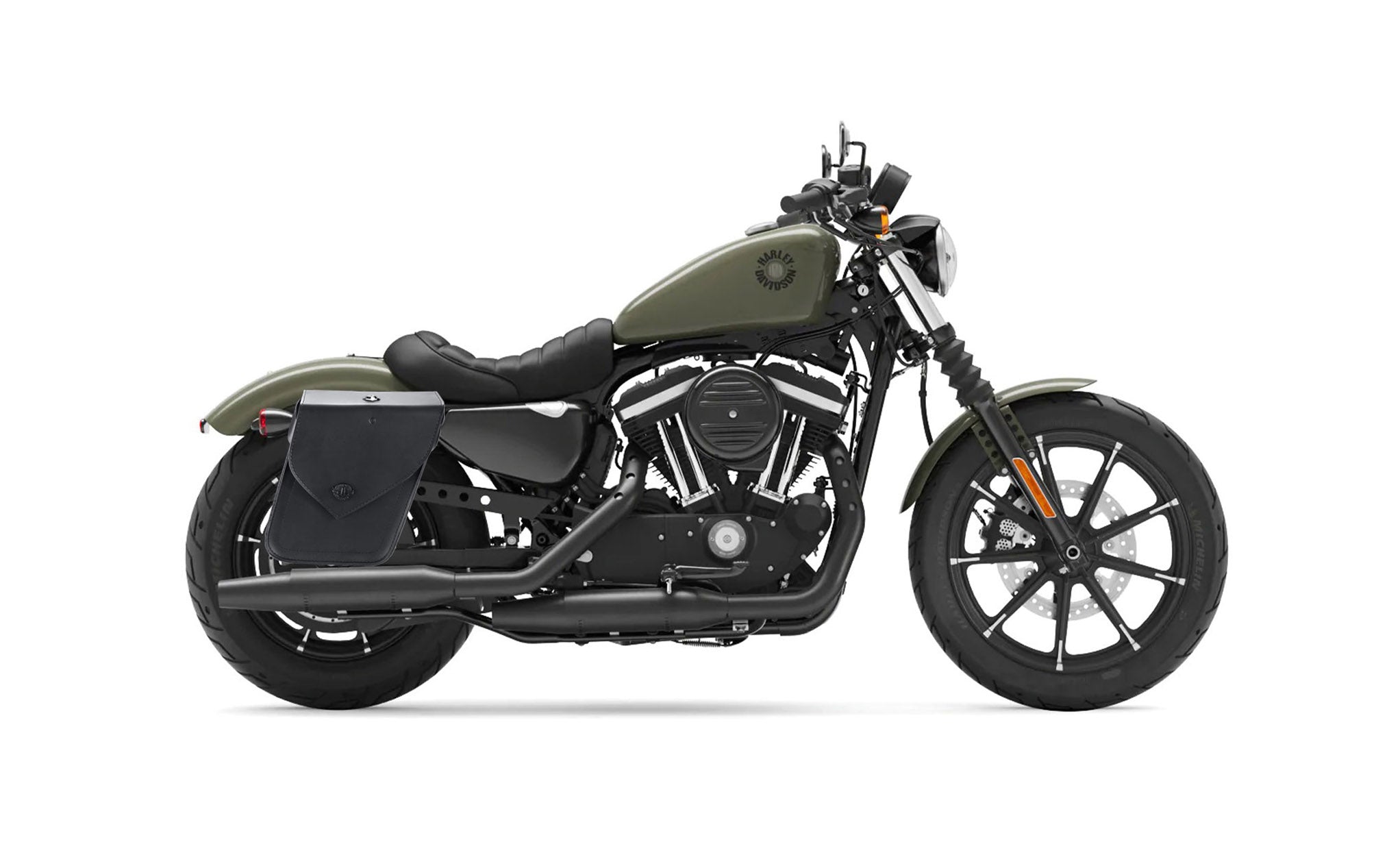 Viking Dark Age Compact Plain Medium Leather Motorcycle Saddlebags For Harley Sportster 883 Iron Xl883N on Bike Photo @expand