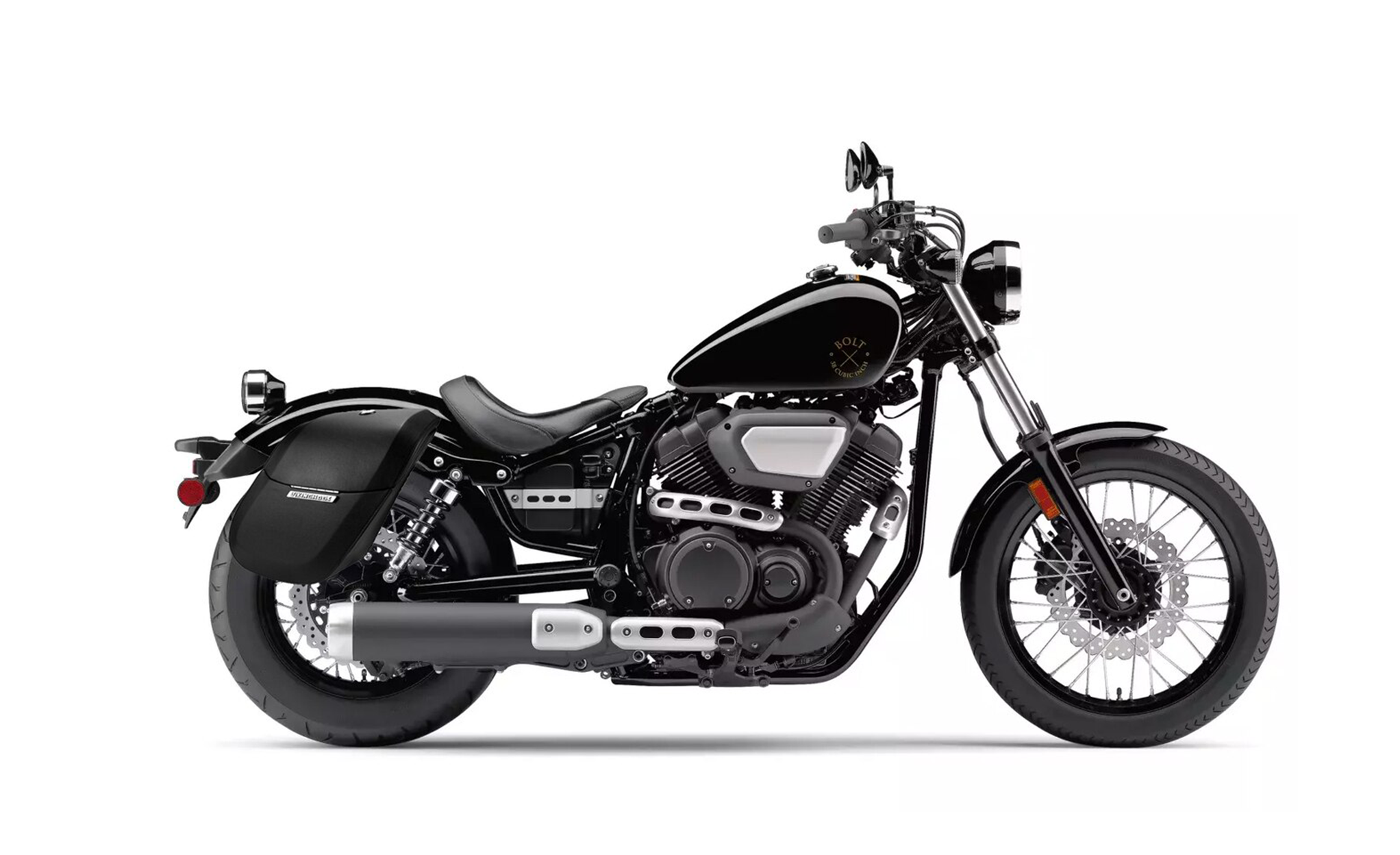 Viking Drifter Medium Yamaha Bolt Specific Leather Wrapped Motorcycle Hard Saddlebags on Bike Photo @expand
