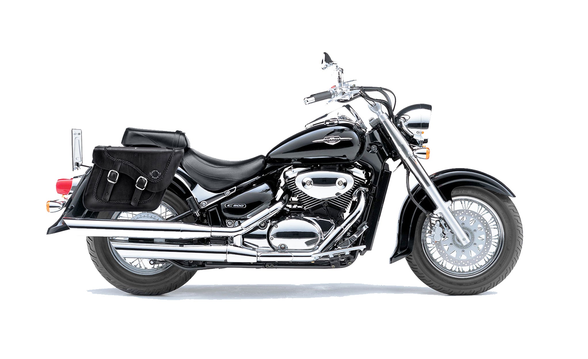Viking Americano Suzuki Volusia 800 Braided Large Leather Motorcycle Saddlebags on Bike Photo @expand