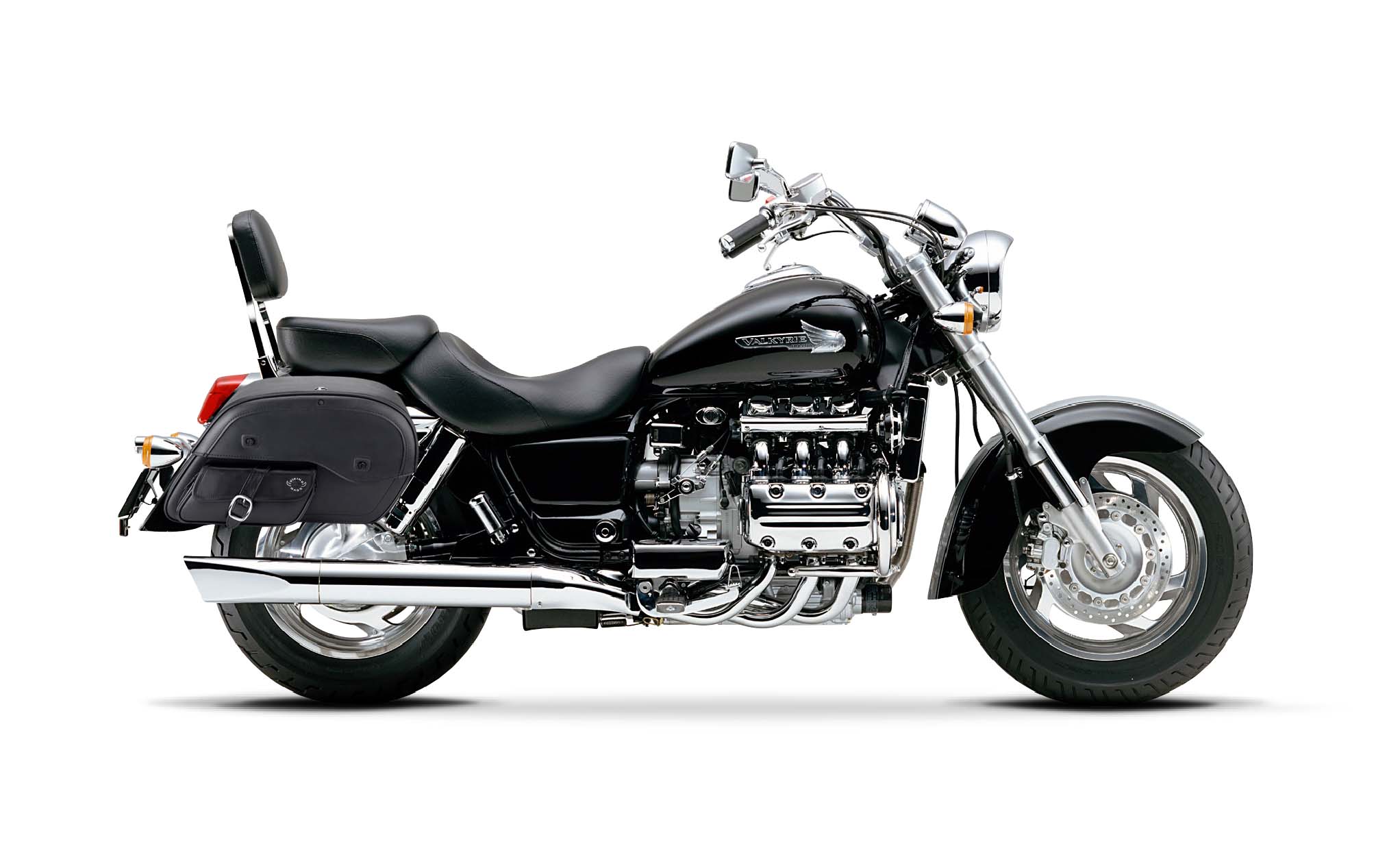 Viking Essential Side Pocket Large Honda Valkyrie 1500 Standard Leather Motorcycle Saddlebags on Bike Photo @expand