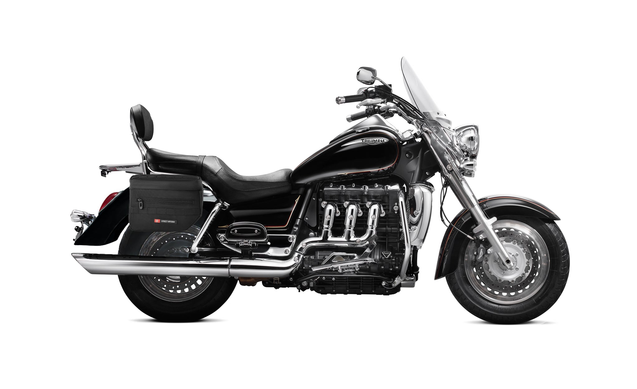 8L- Patriot Small Triumph Rocket III Touring Throw Over Saddlebags Bag on Bike @expand