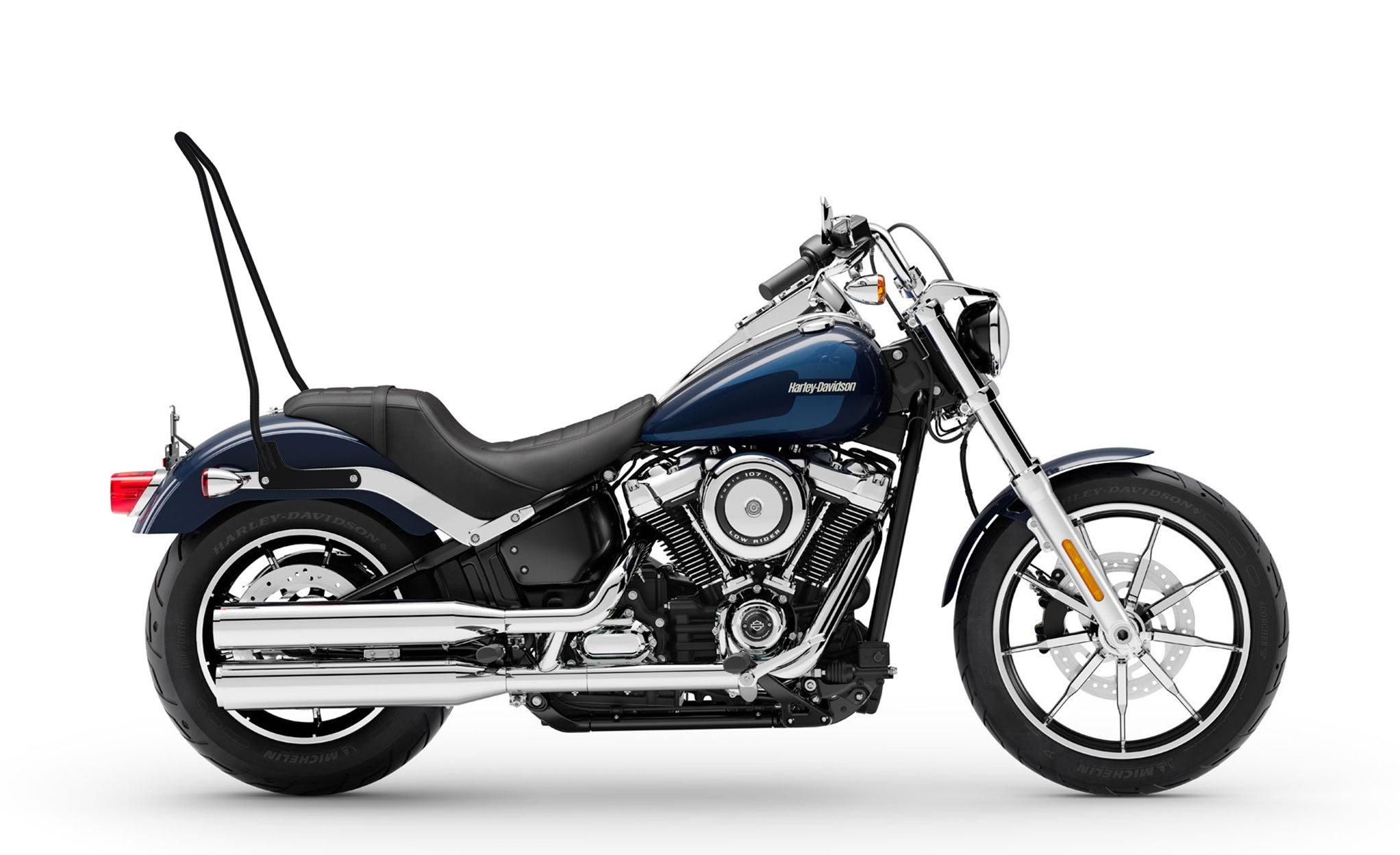 Iron Born Blade 25" Sissy Bar for Harley Softail Low Rider Matte Black Bag on Bike View @expand