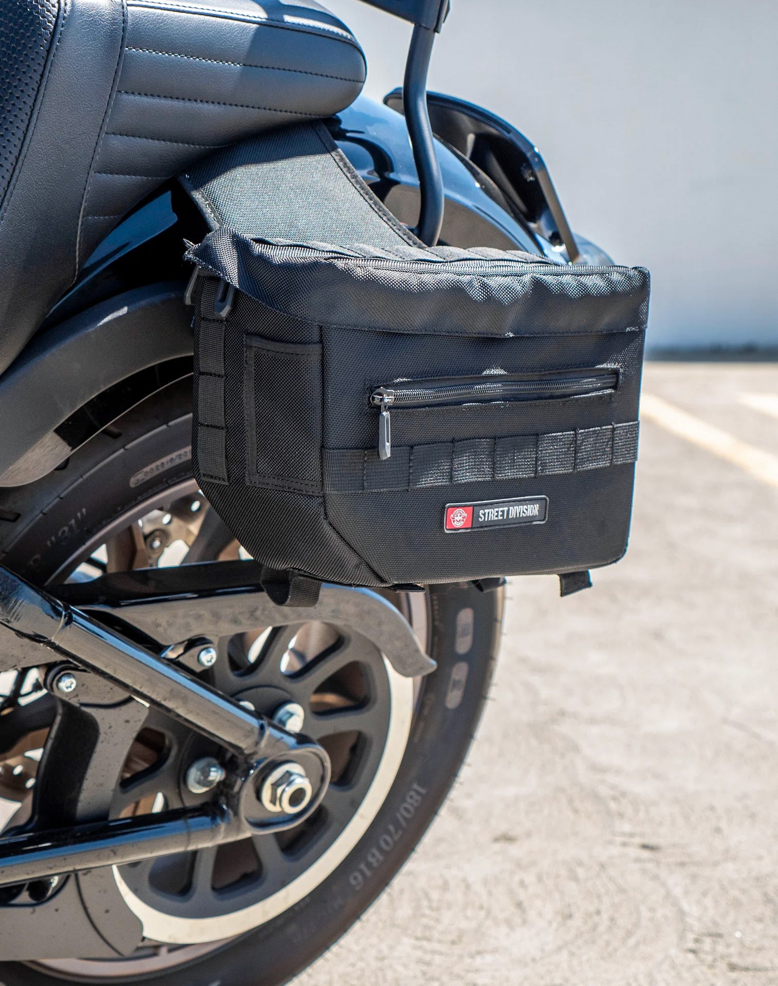 10L - Patriot Small Throw Over Saddlebags For 2025+ Harley Softail Low Rider S FXLRS Vertical Lifestyle