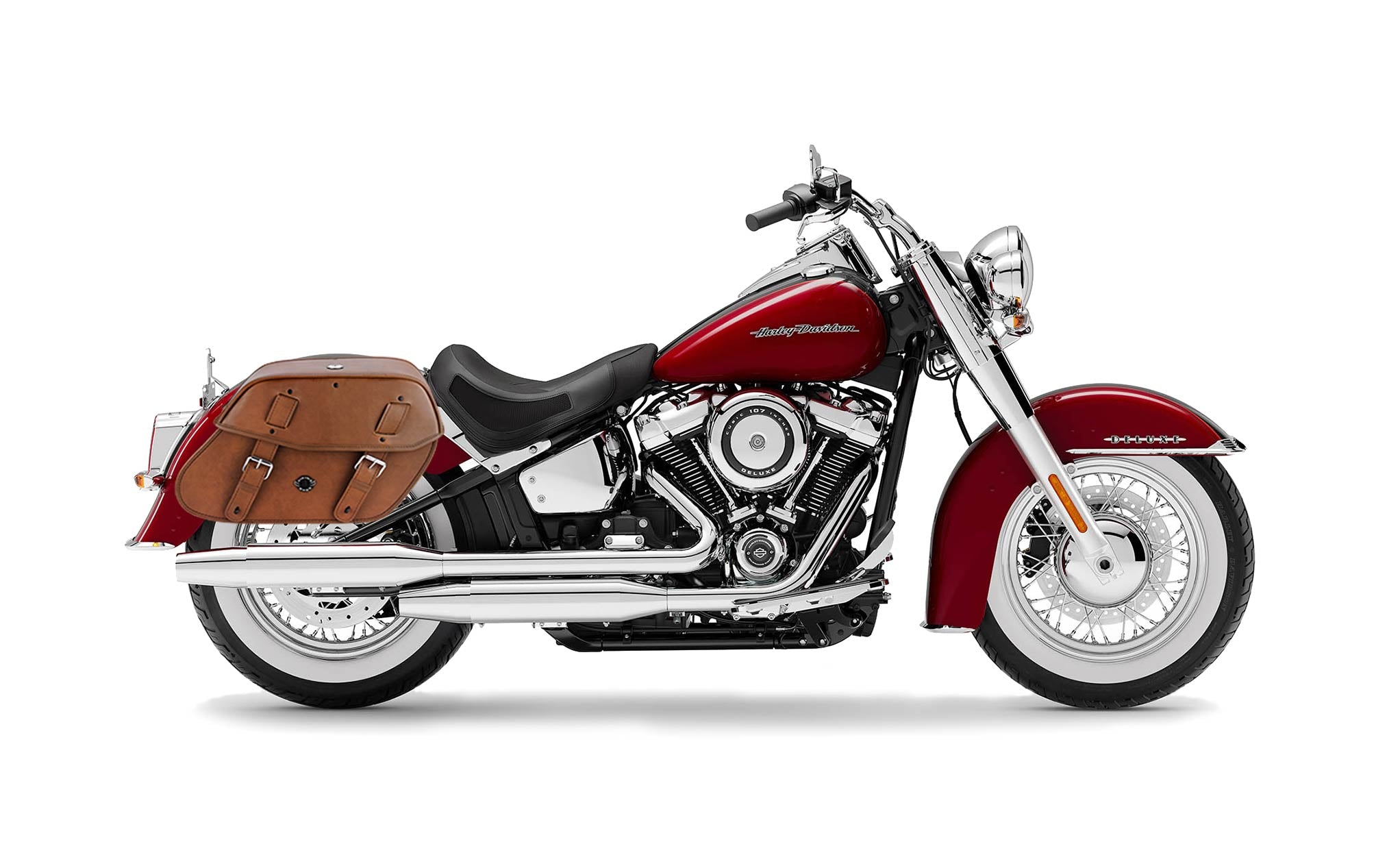 Viking Odin Brown Large Leather Motorcycle Saddlebags For Harley Softail Deluxe Flstn I on Bike Photo @expand