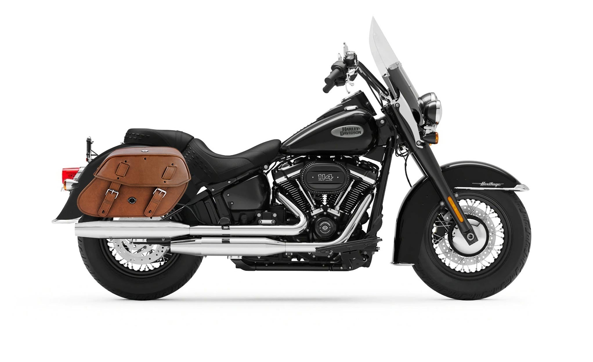 Viking Odin Brown Large Leather Motorcycle Saddlebags For Harley Softail Heritage Flst I C Ci on Bike Photo @expand