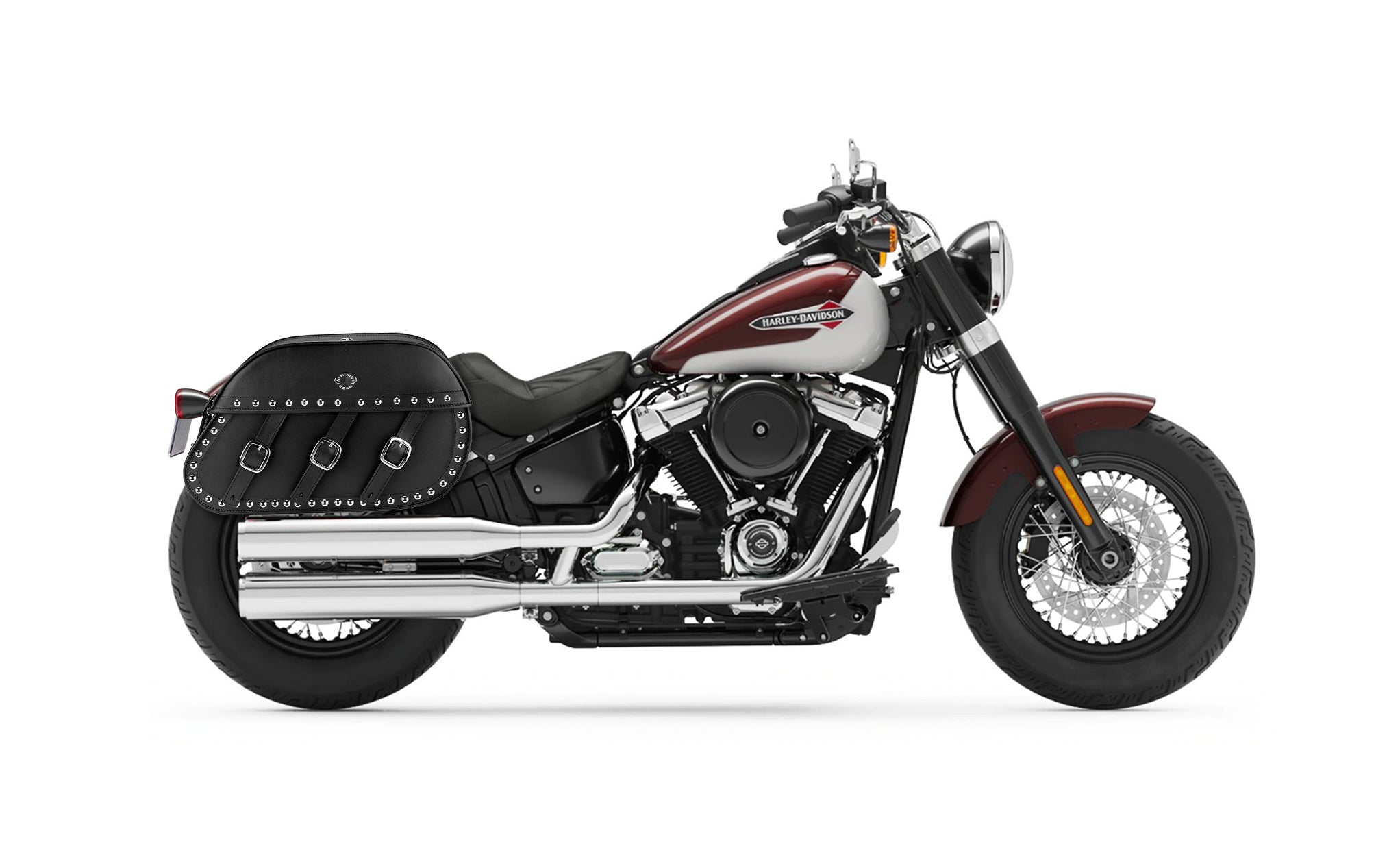 34L - Trianon Extra Large Studded Leather Saddlebags for Harley Softail Slim FLSL on Bike Photo @expand
