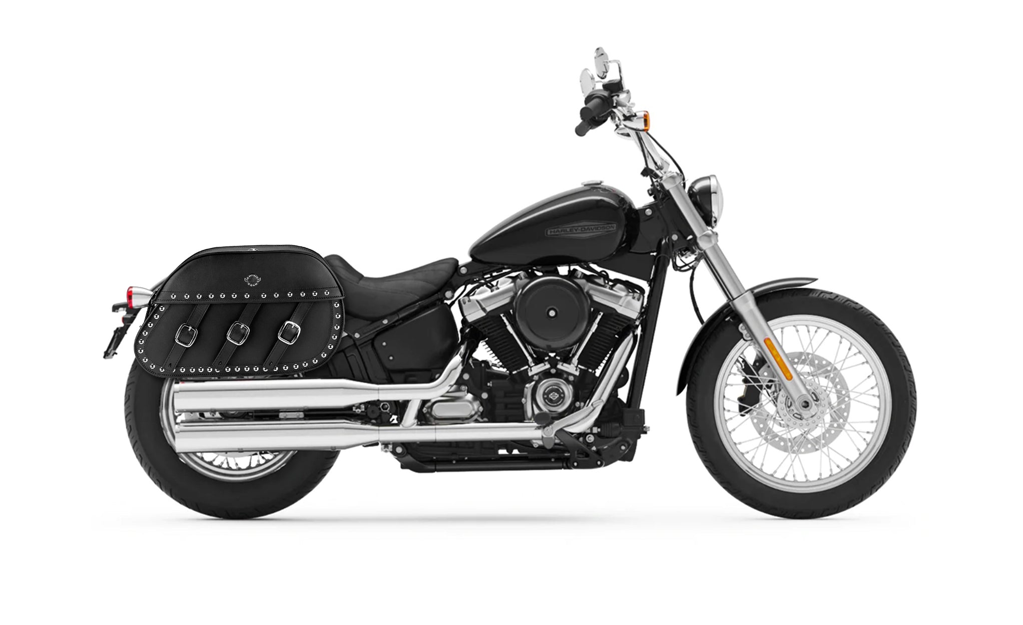 34L - Trianon Extra Large Studded Leather Motorcycle Saddlebags for Harley Softail Standard FXST on Bike Photo @expand