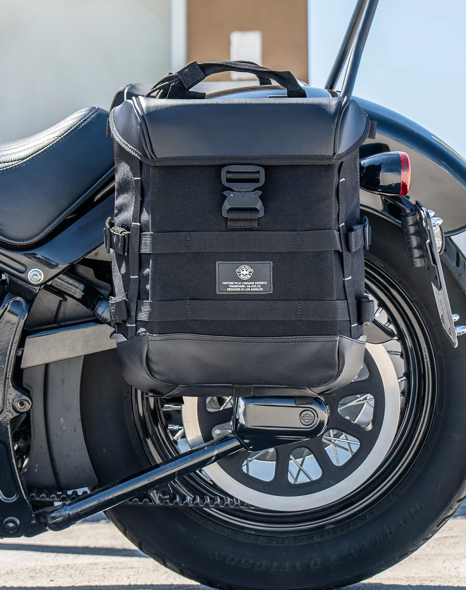 15L - Incognito Quick Mount Medium Harley Softail Slim FLS Solo Saddlebag (Left Only) Lifestyle