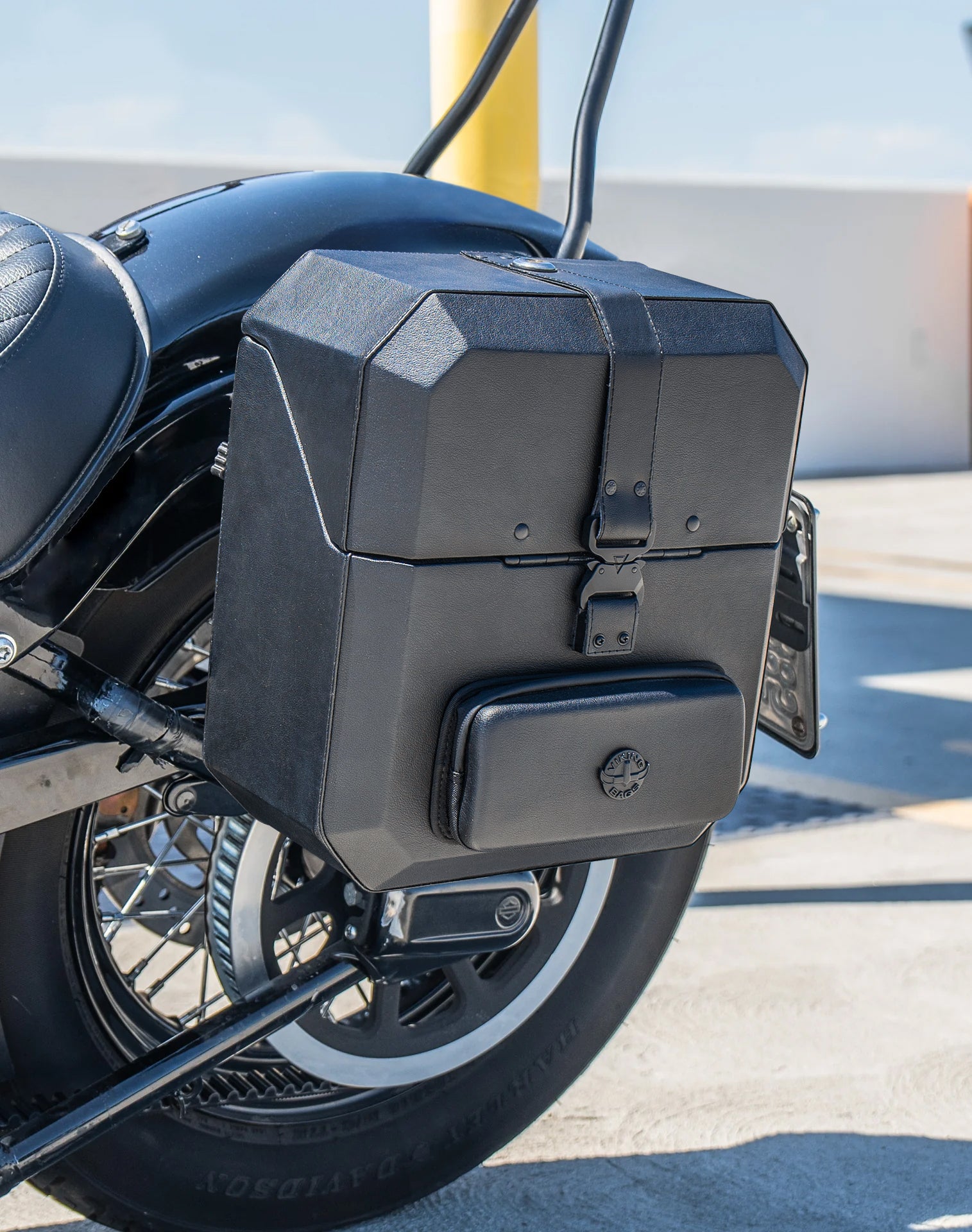 15L - Outlaw Quick Mount Medium Harley Softail Slim FLS Hard Solo Saddlebag (Left Only) Lifestyle