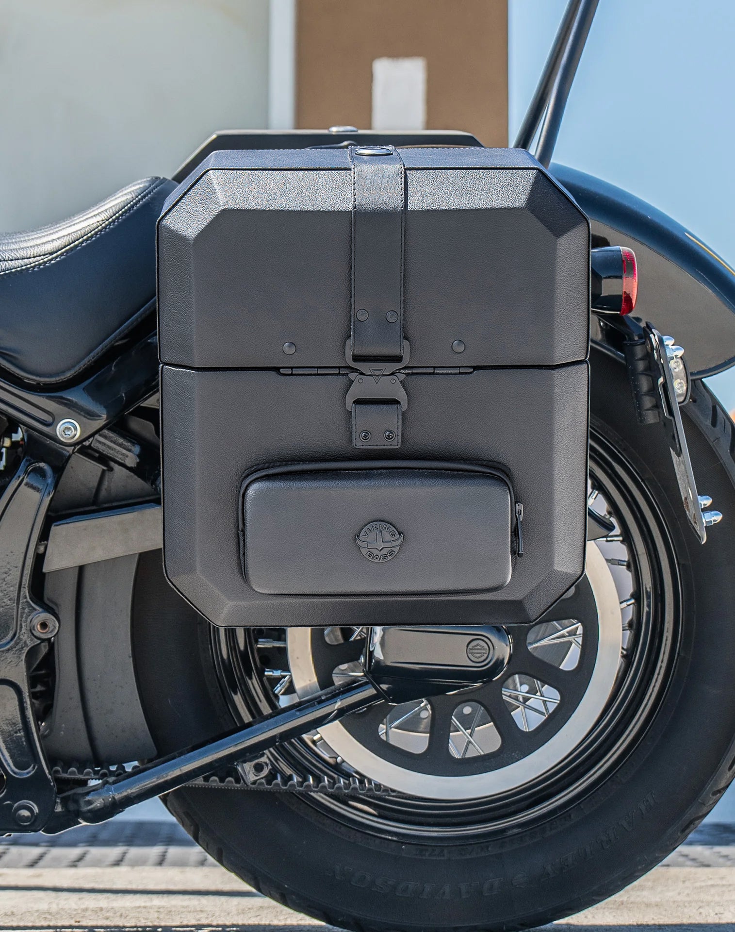 15L - Outlaw Quick Mount Medium Harley Softail Slim FLS Hard Solo Saddlebag (Left Only) Lifestyle