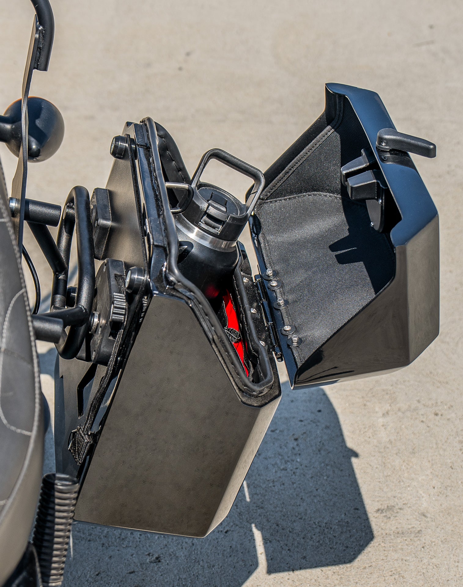 15L - Outlaw Quick Mount Medium Harley Softail Slim FLS Painted Hard Solo Saddlebag (Left Only) Vertical Lifestyle