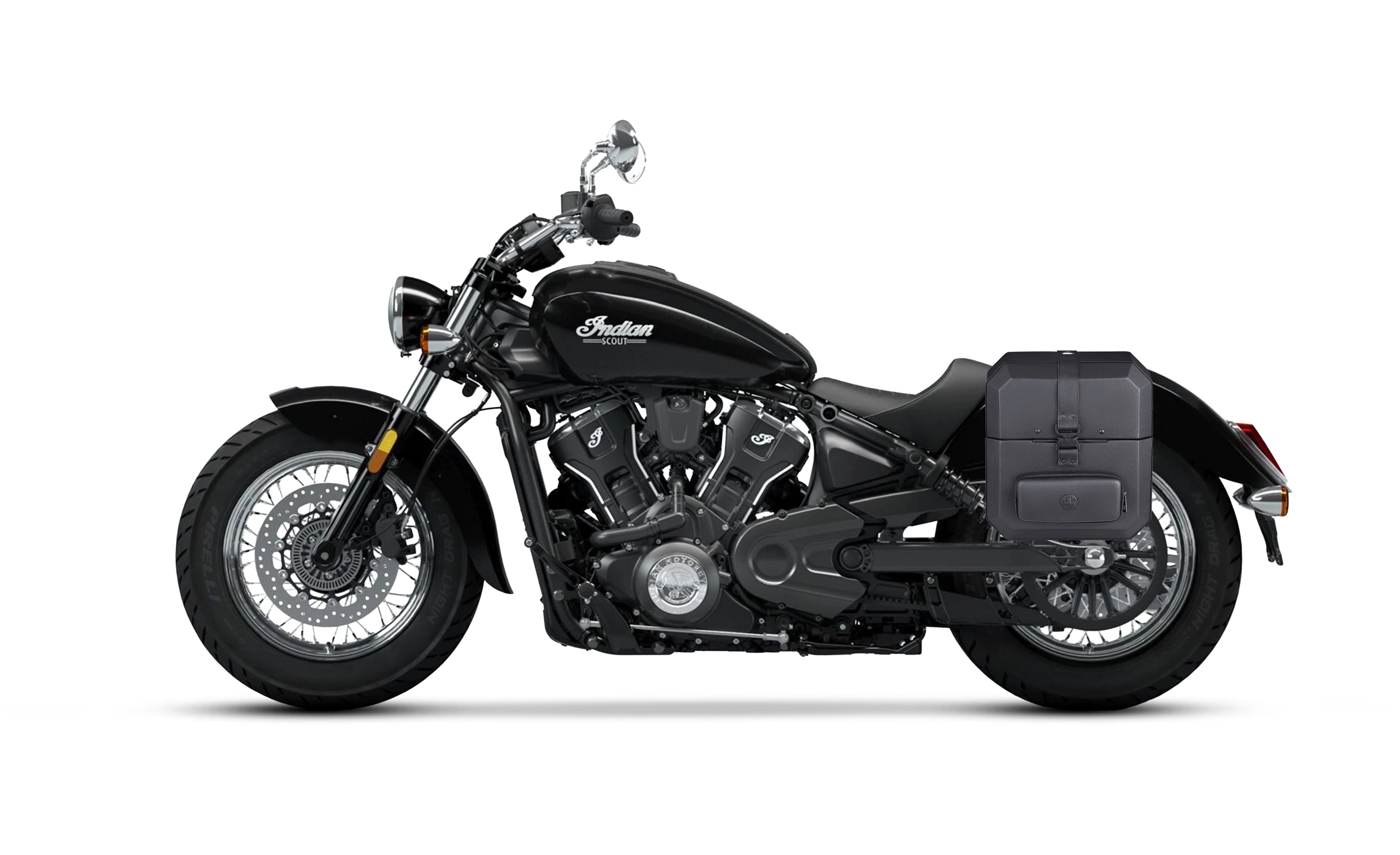 15L - Outlaw Quick-Mount Medium Indian Scout Classic Leather Wrapped Hard Saddlebags (Left Only) Bag on Bike @expand