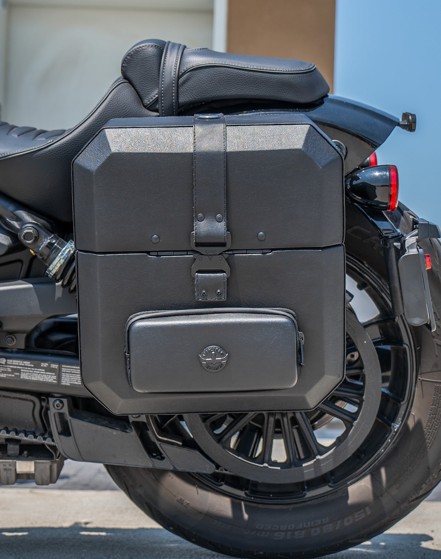 15L - Outlaw Quick-Mount Medium Indian Sport Scout Leather Wrapped Hard Saddlebags (Left Only) Lifestyle Vertical 2