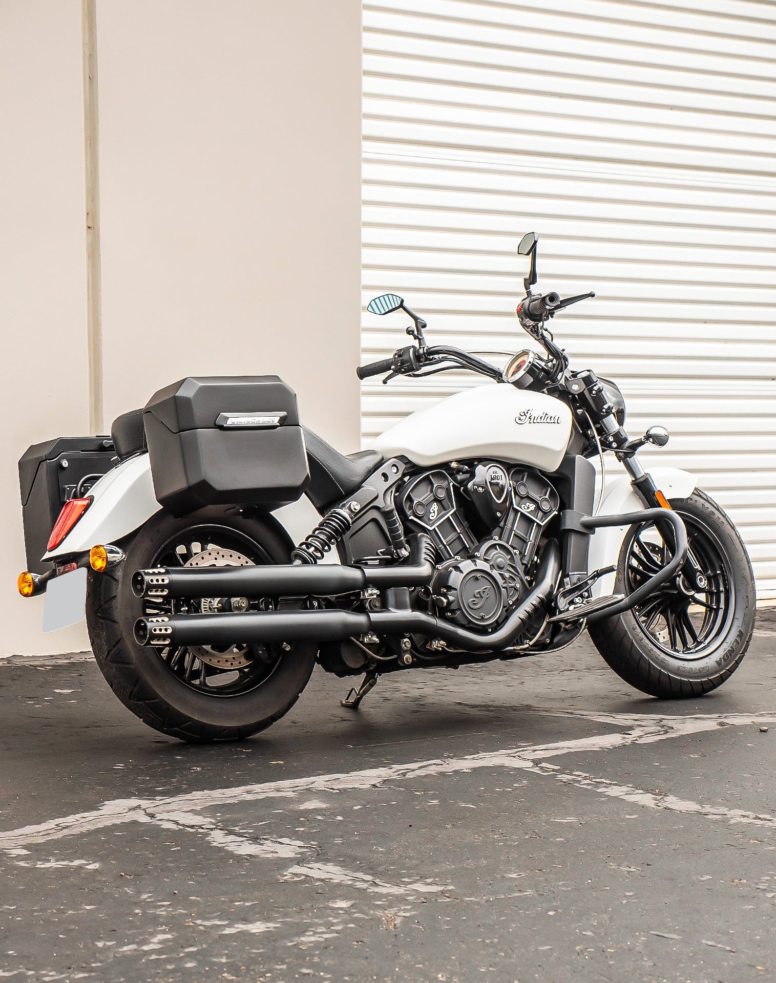 20L - Outlaw Quick-Mount Small Indian Scout Classic Matte Hard Saddlebags Lifestyle