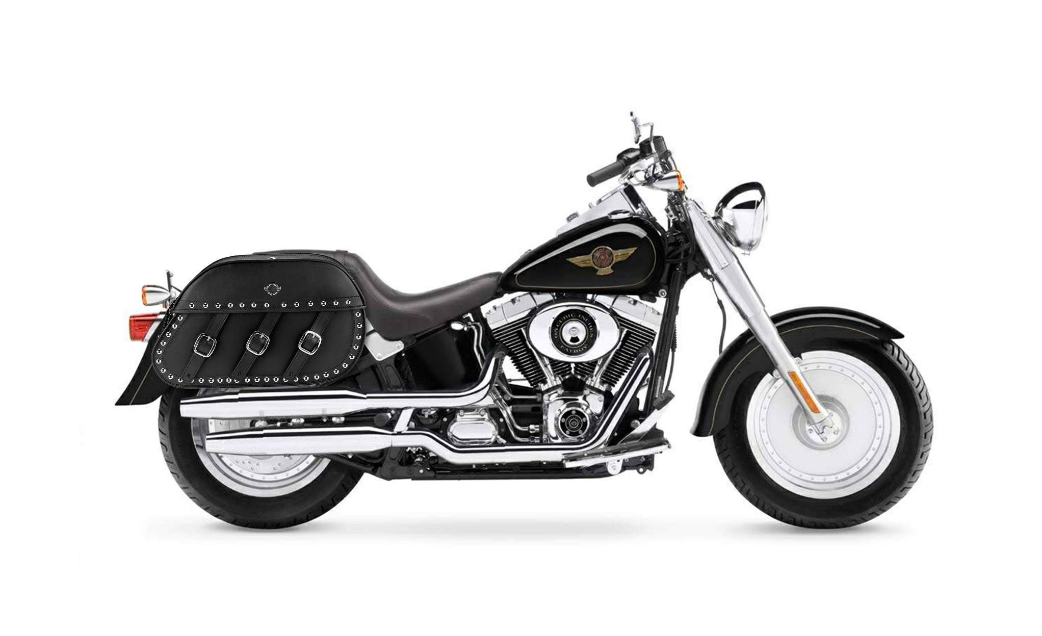 34L - Trianon Extra Large Studded Leather Motorcycle Saddlebags for Harley Softail Fatboy FLSTF/I on Bike Photo @expand