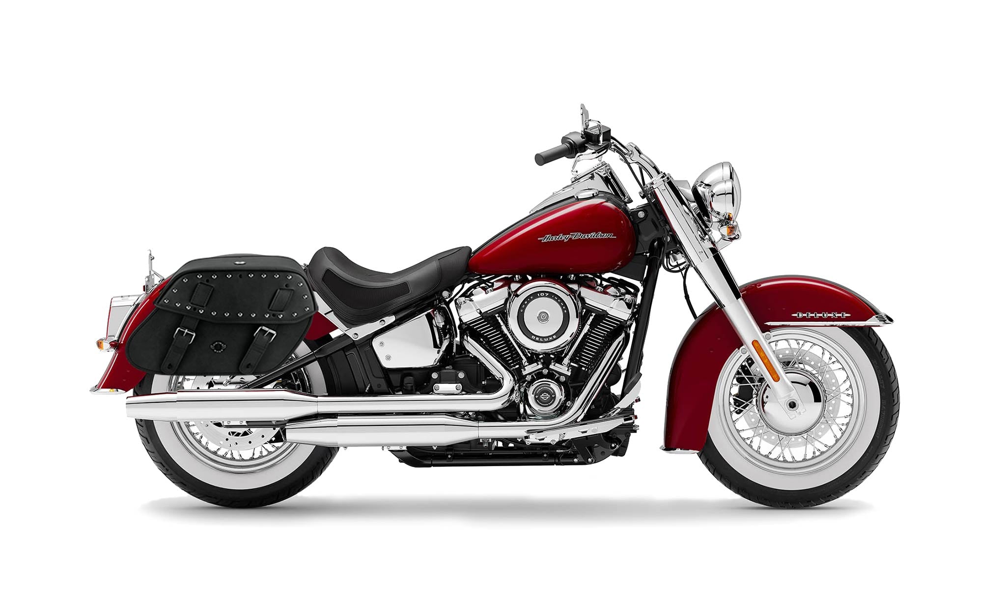 Viking Odin Large Studded Leather Motorcycle Saddlebags For Harley Softail Deluxe Flstn I on Bike Photo @expand