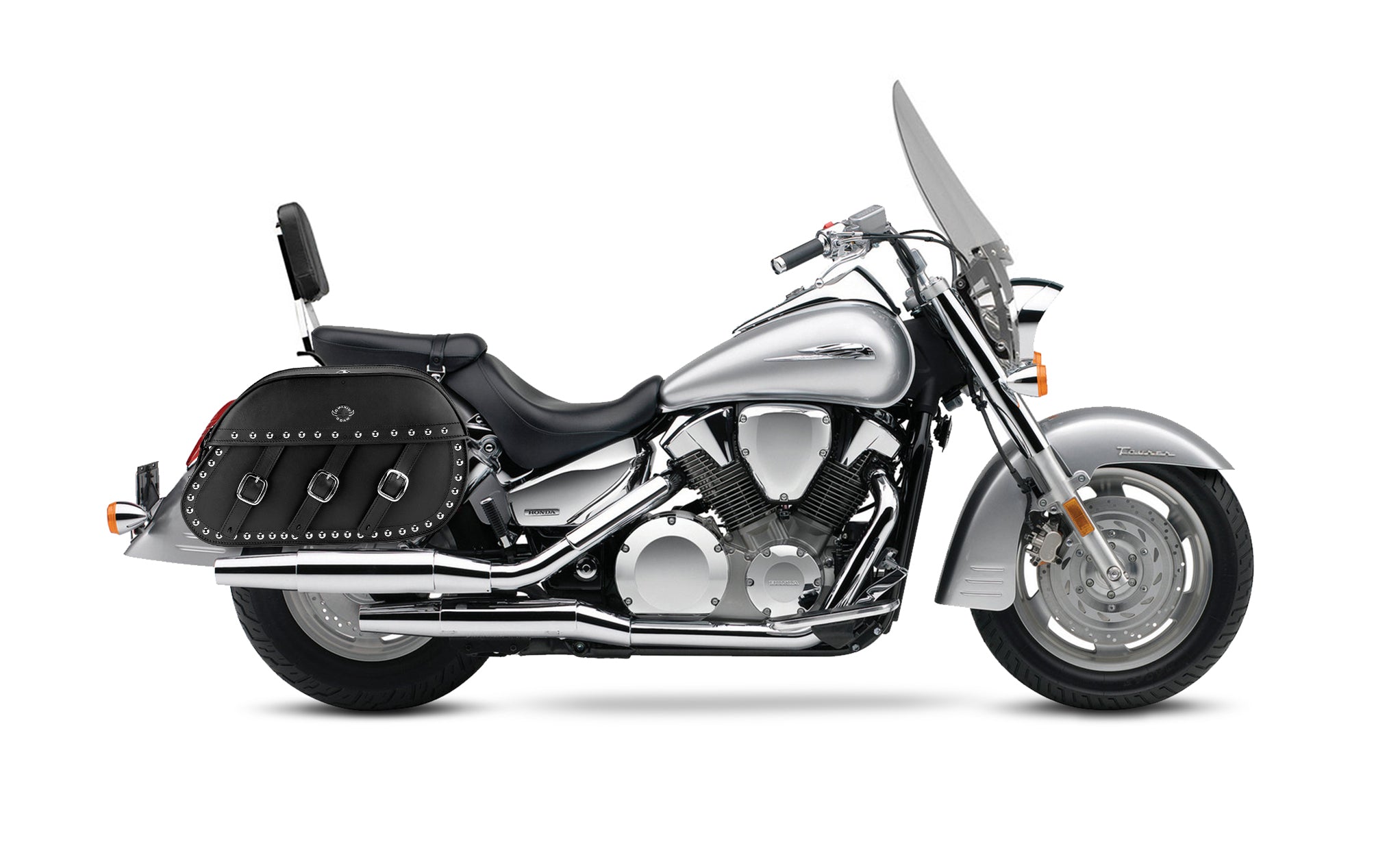 34L - Trianon Extra Large Honda VTX 1300 T (Tourer) Studded Leather Motorcycle Saddlebags on Bike Photo @expand
