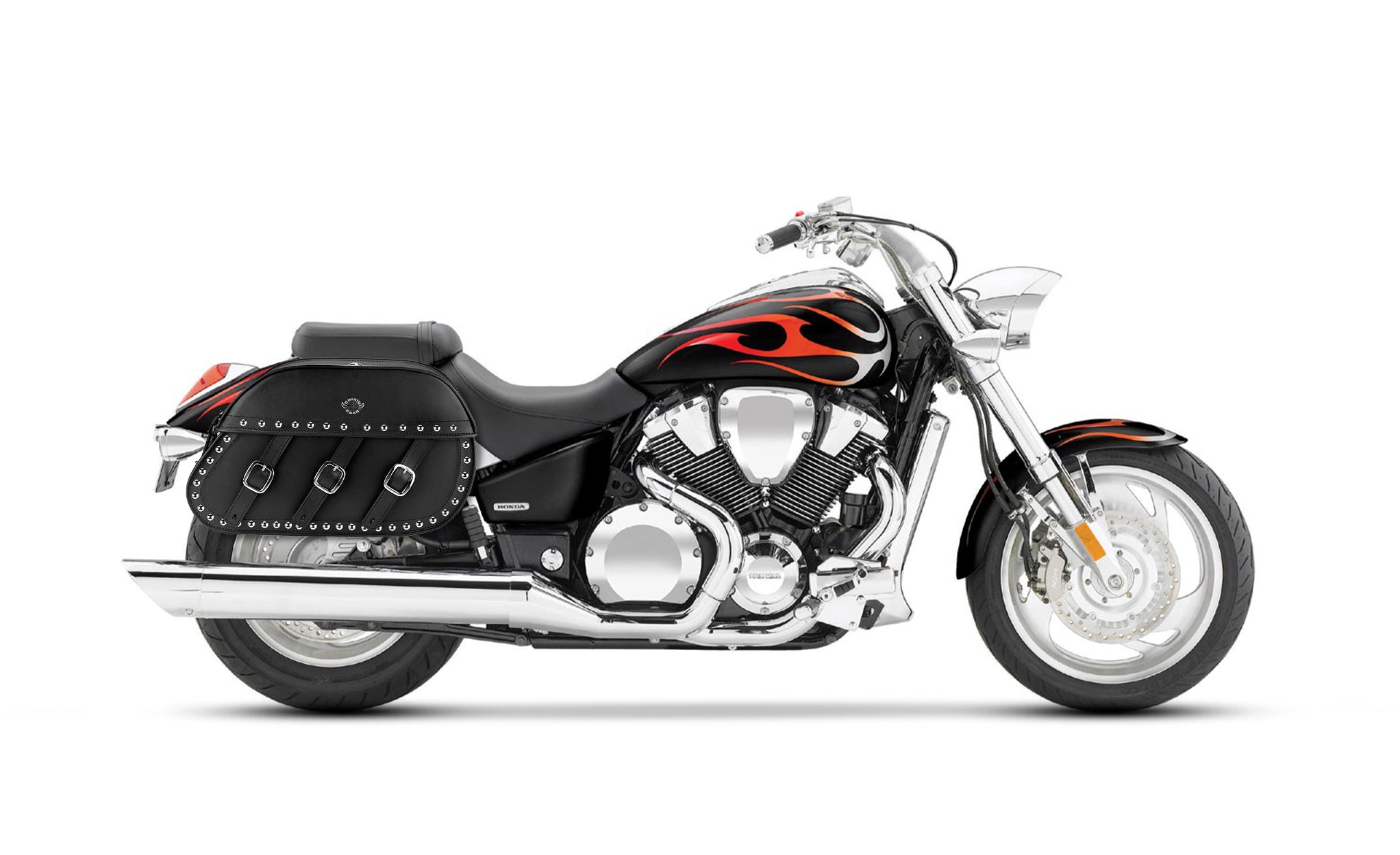 34L - Trianon Extra Large Honda VTX 1800 C Studded Leather Motorcycle Saddlebags on Bike Photo @expand