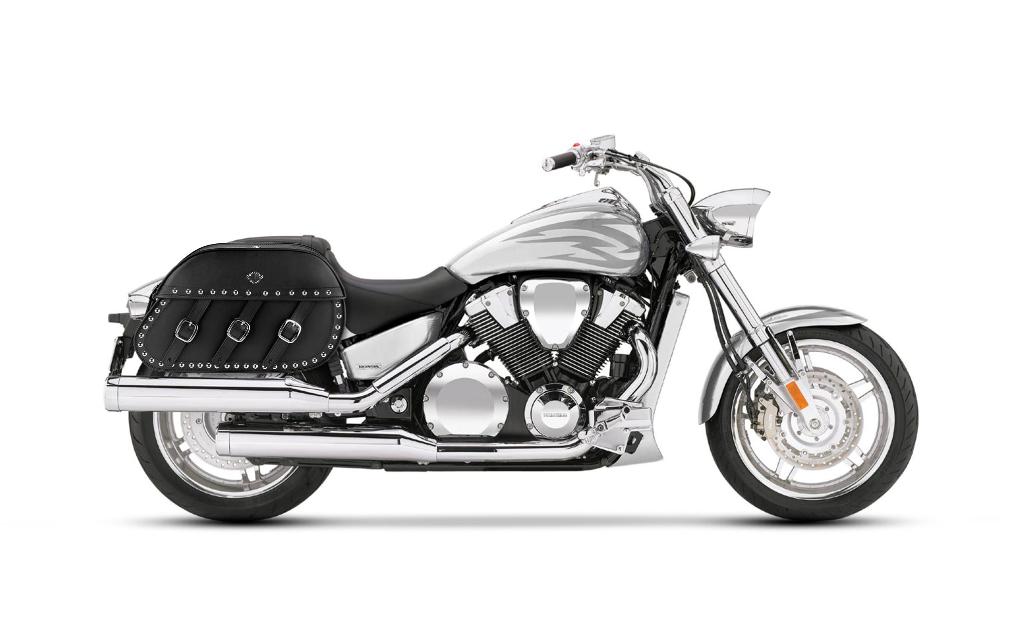 34L - Trianon Extra Large Honda VTX 1800 F Studded Leather Motorcycle Saddlebags on Bike Photo @expand