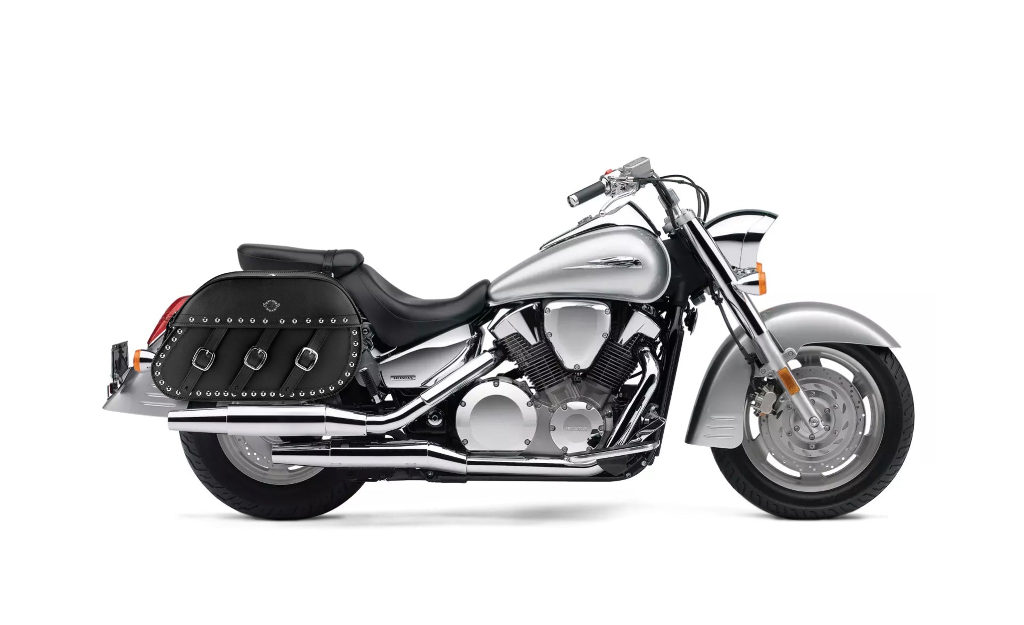 34L - Trianon Extra Large Honda VTX 1800 S Studded Leather Motorcycle Saddlebags on Bike Photo @expand