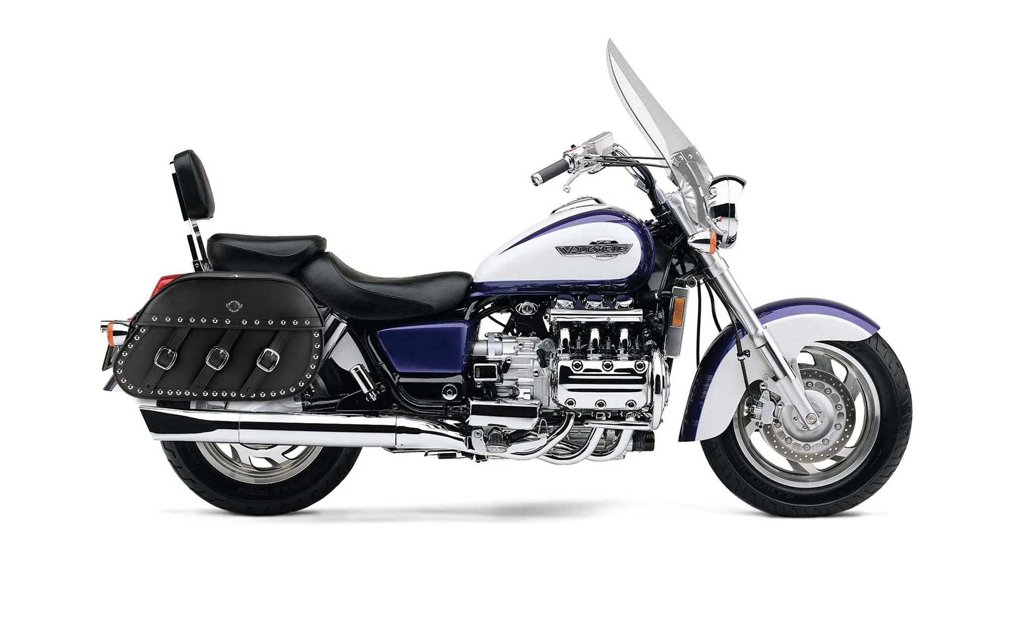 34L - Trianon Extra Large Honda Valkyrie 1500 Tourer Studded Leather Motorcycle Saddlebags on Bike Photo @expand