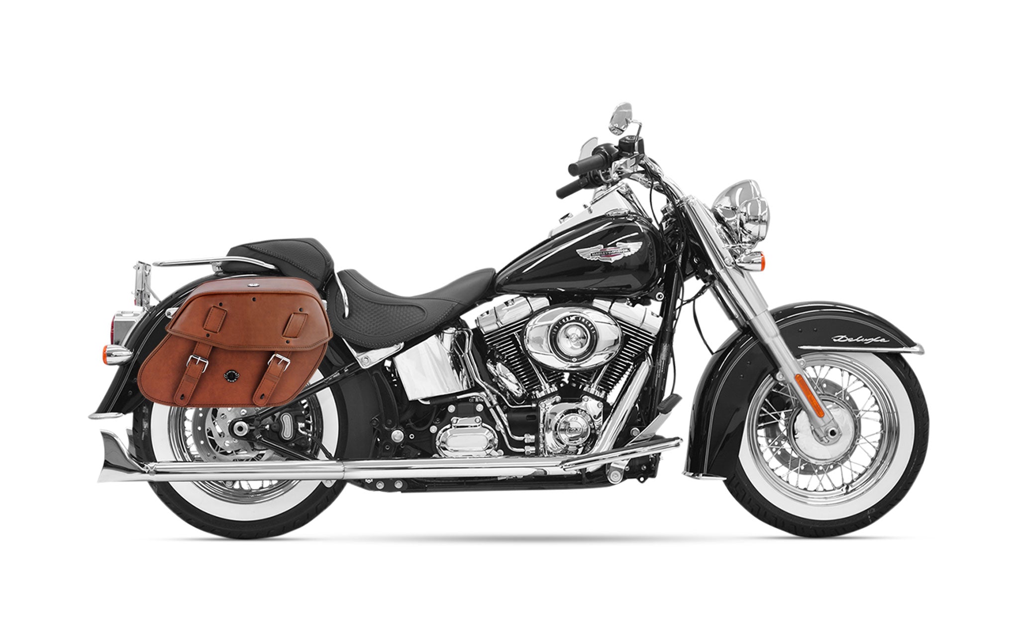 24L - Odin Brown Large Leather Motorcycle Saddlebags for Harley Softail Heritage FLST/I/C/CI on Bike Photo @expand