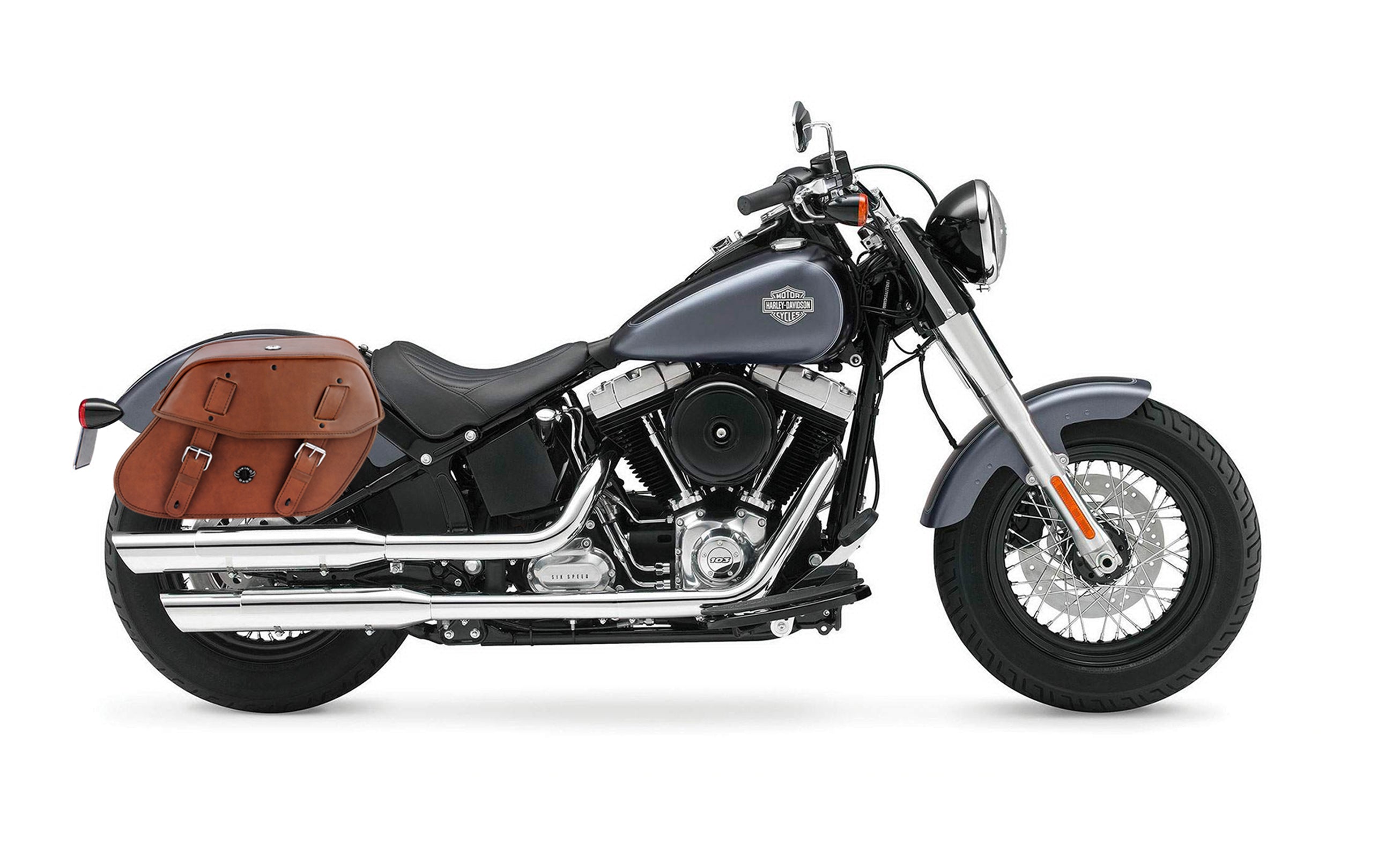 24L - Odin Brown Large Leather Motorcycle Saddlebags for Harley Softail Slim FLS on Bike Photo @expand