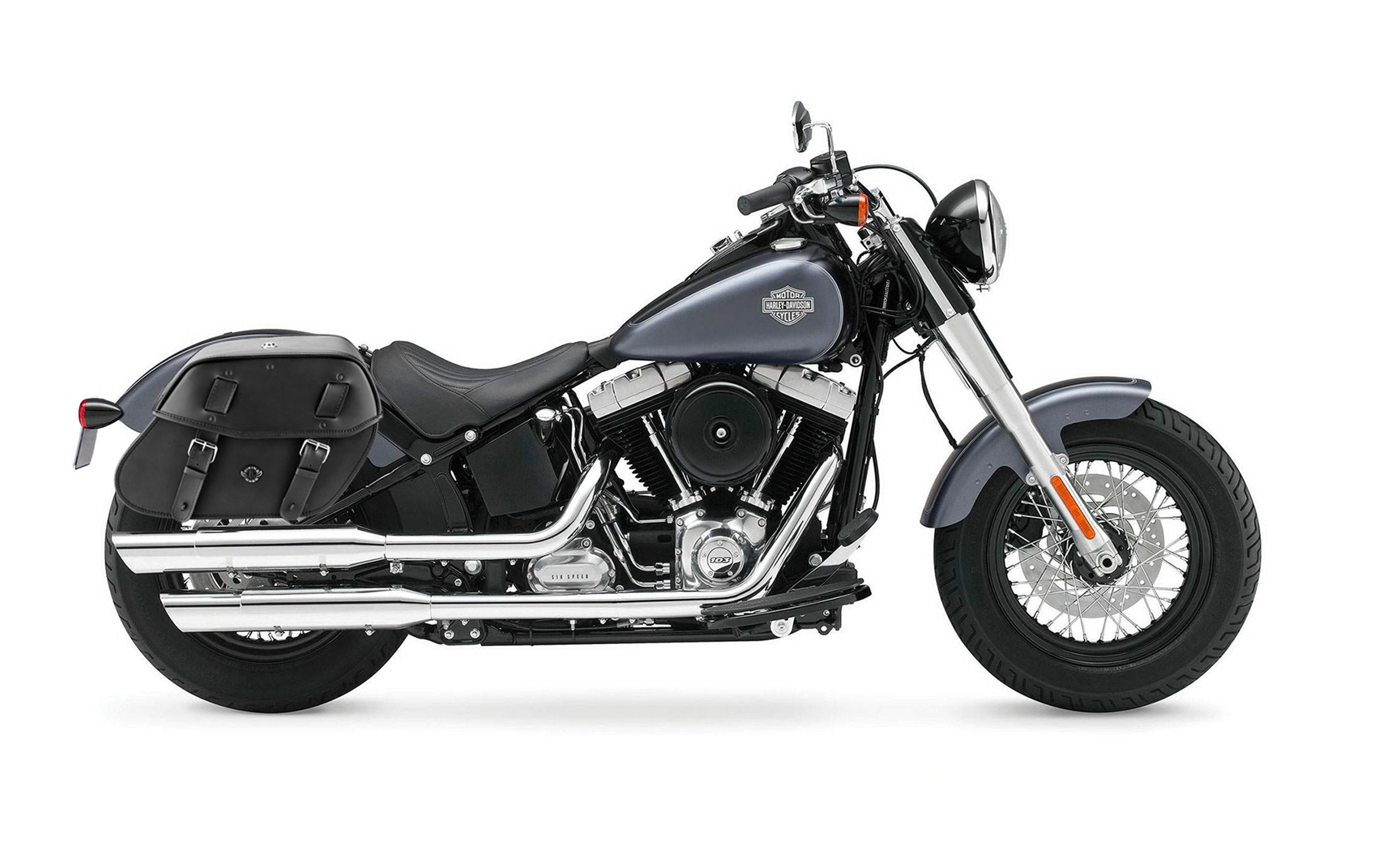 24L - Odin Large Leather Motorcycle Saddlebags for Harley Softail Slim FLS on Bike Photo @expand