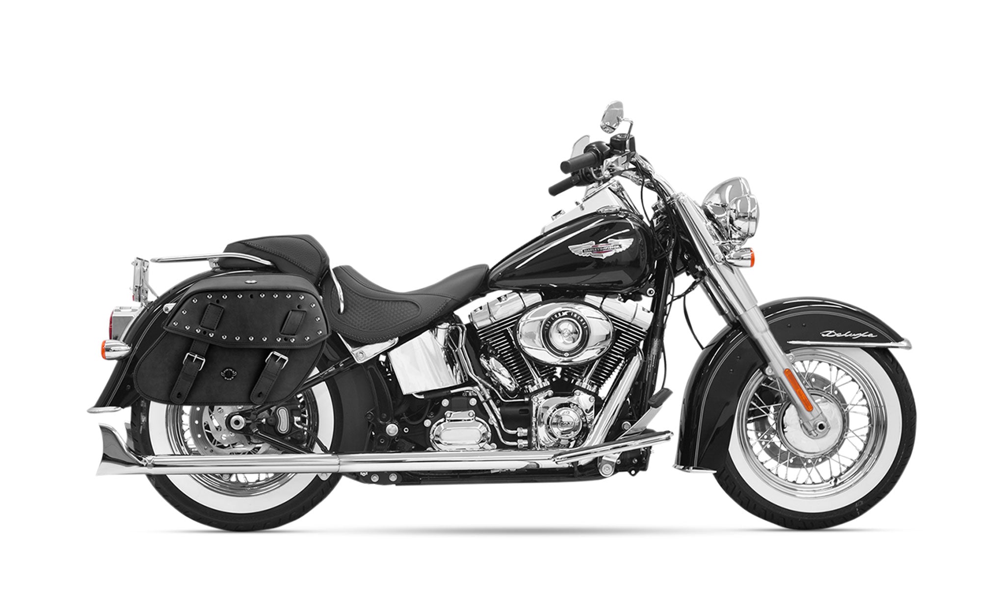 24L - Odin Large Studded Leather Motorcycle Saddlebags for Harley Softail Heritage FLST/I/C/CI on Bike Photo @expand