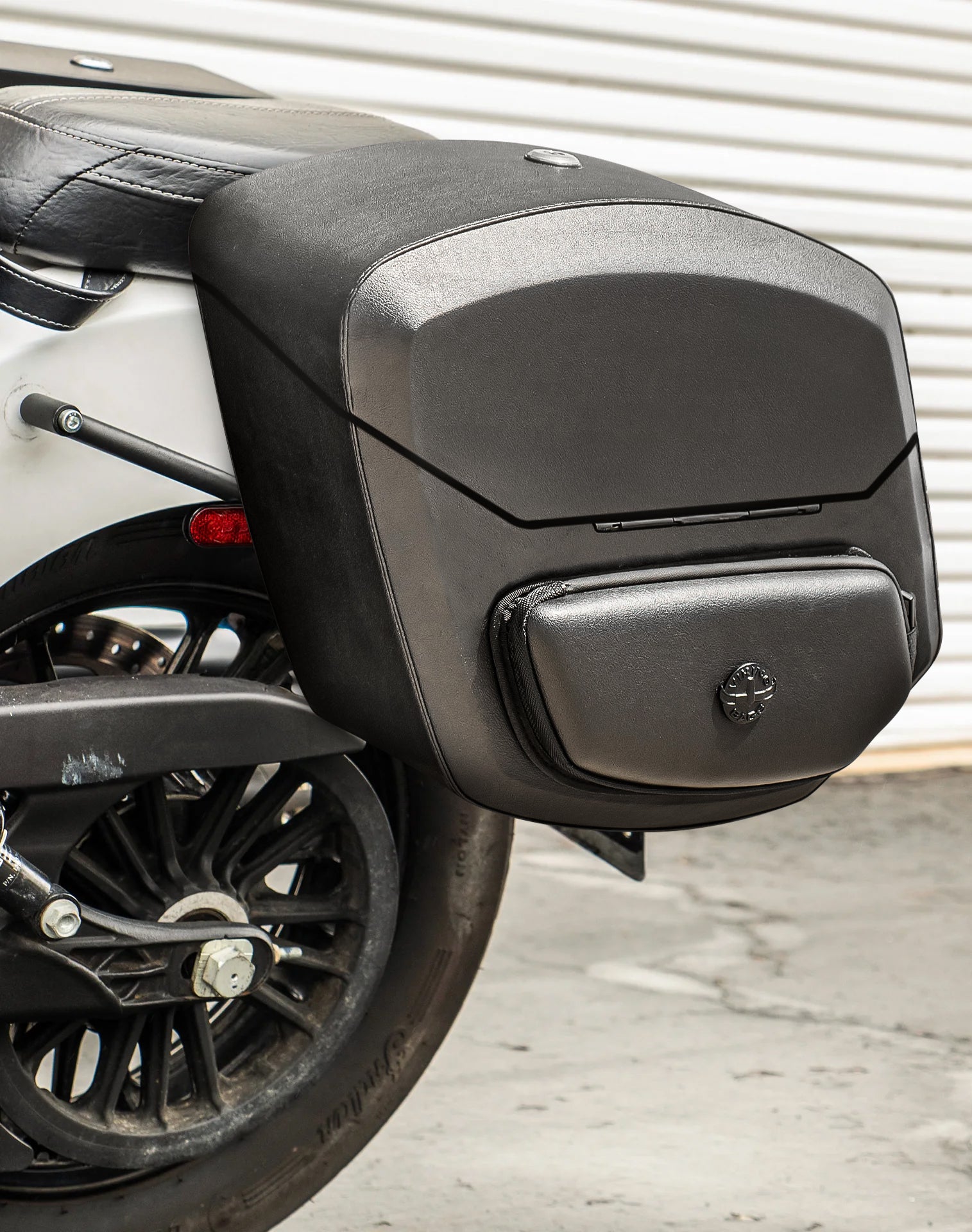 24L - Ironclad Quick-Mount Medium Indian Scout Classic Leather Wrapped Hard Saddlebags Lifestyle