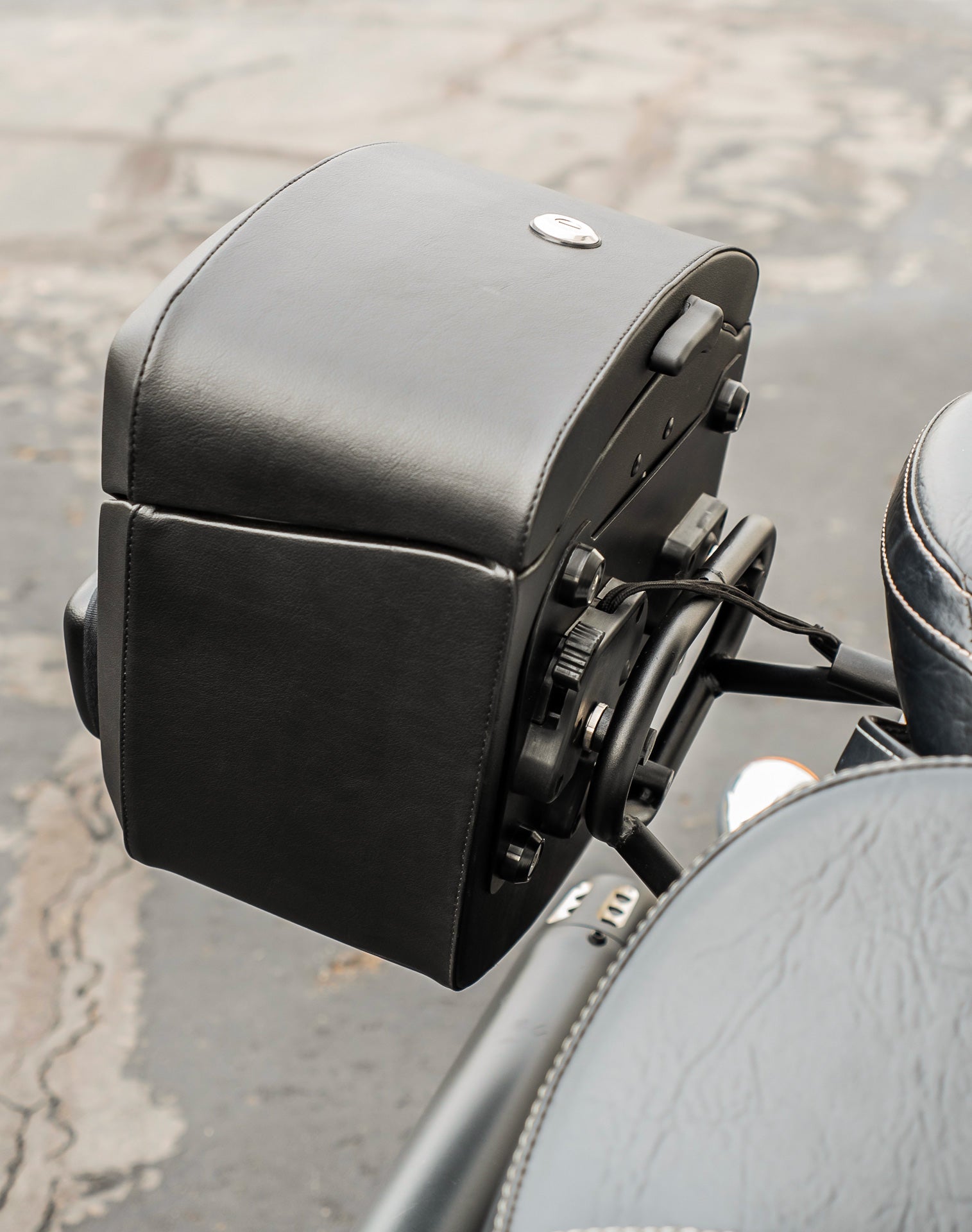 24L - Ironclad Quick-Mount Medium Indian Scout Classic Leather Wrapped Hard Saddlebags Lifestyle
