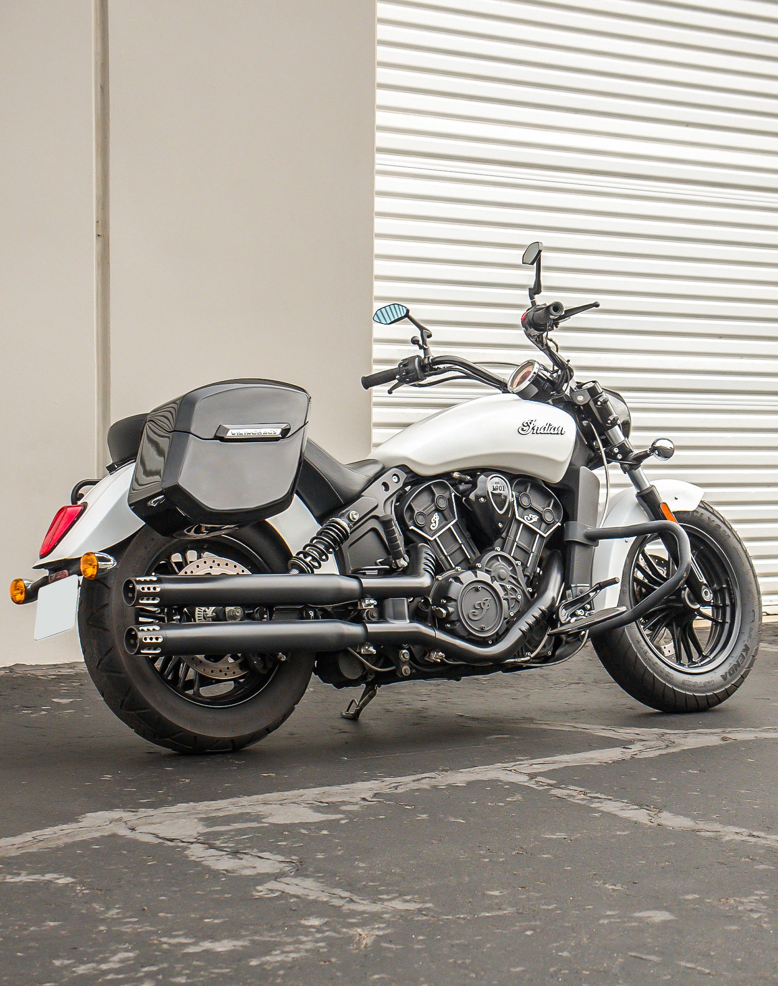 24L - Ironclad Quick-Mount Medium Indian Scout Classic Painted Hard Saddlebags Lifestyle