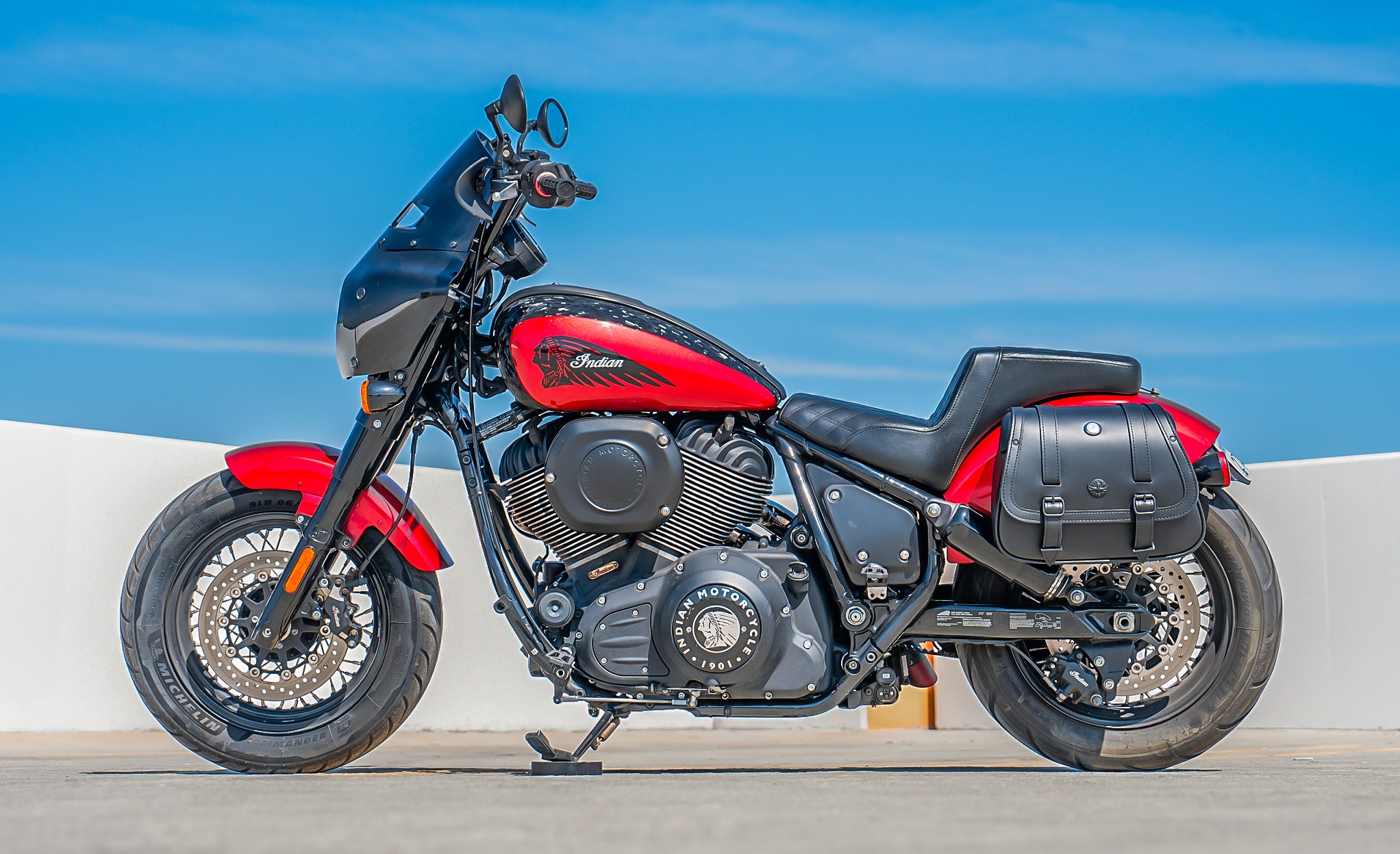 25L - SpiritBlade Large Indian Chief Bobber Leather Motorcycle Saddlebags Lifestyle @expand