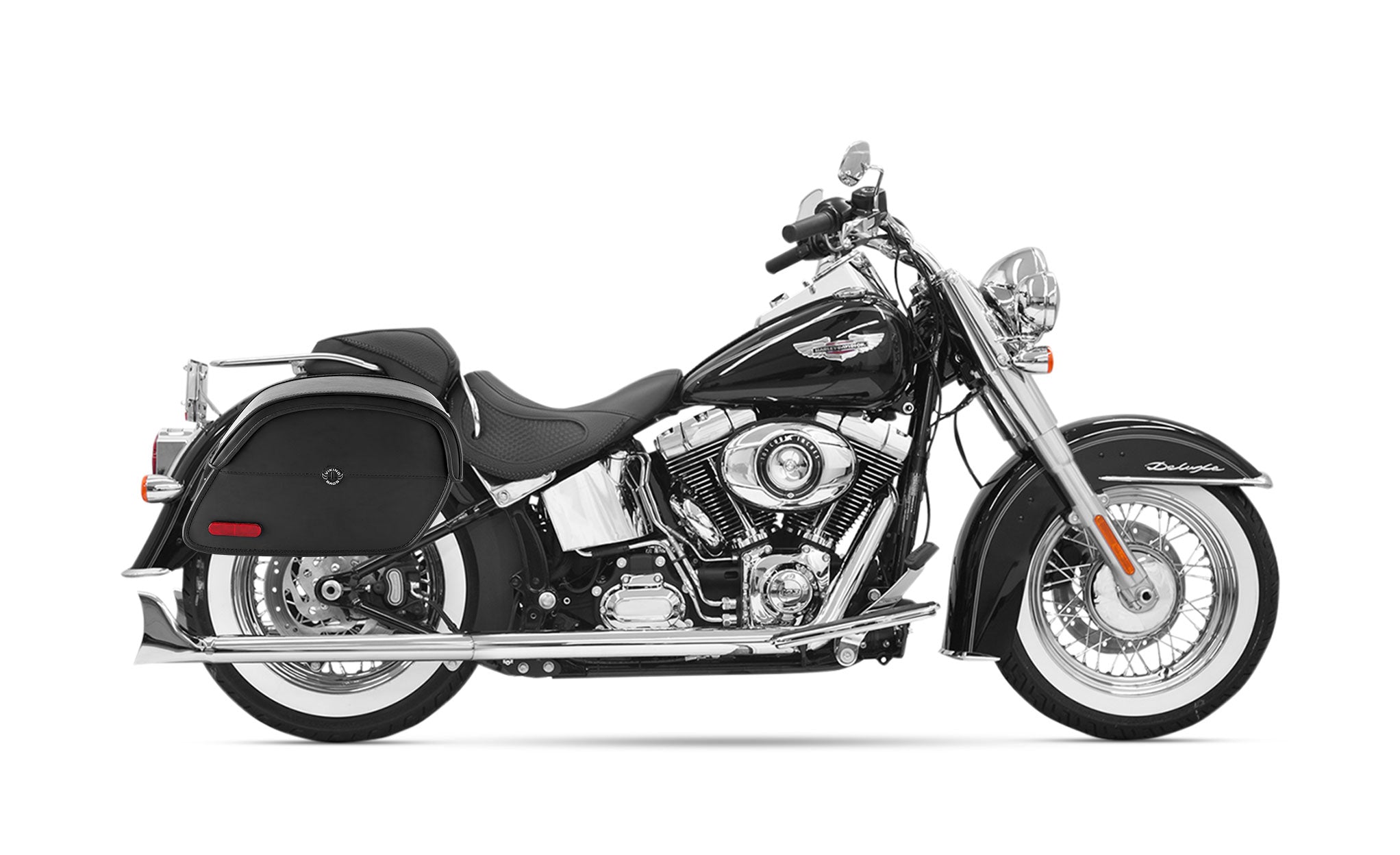 26L - California Large Leather Motorcycle Saddlebags for Harley Softail Heritage FLST/I/C/CI on Bike Photo @expand