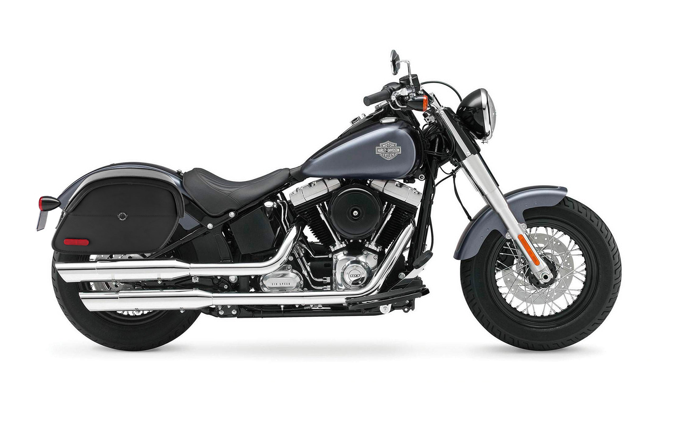 26L - California Large Leather Motorcycle Saddlebags for Harley Softail Slim FLS on Bike Photo @expand