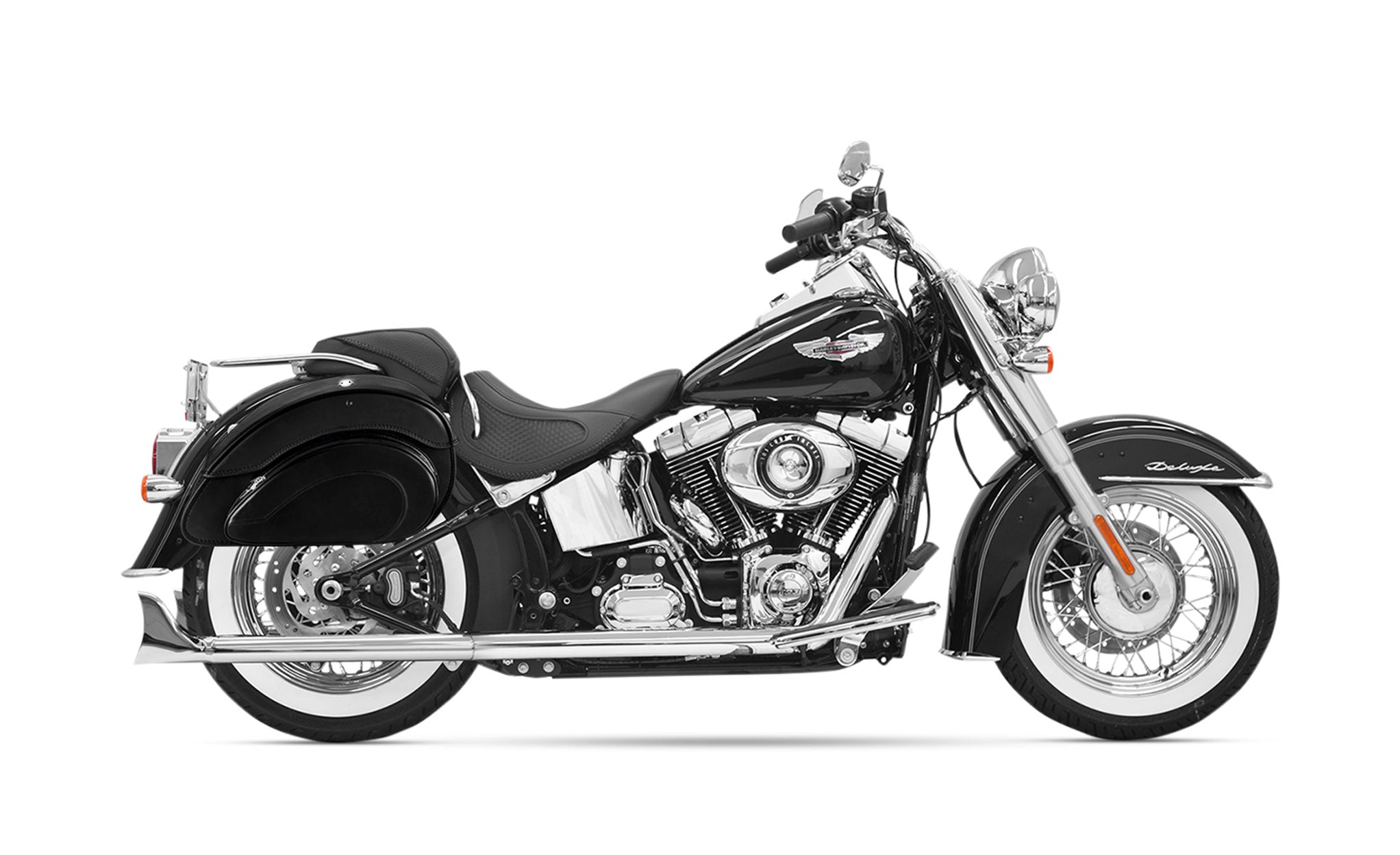 28L - Overlord Large Leather Motorcycle Saddlebags for Harley Softail Heritage FLST/I/C/CI on Bike Photo @expand
