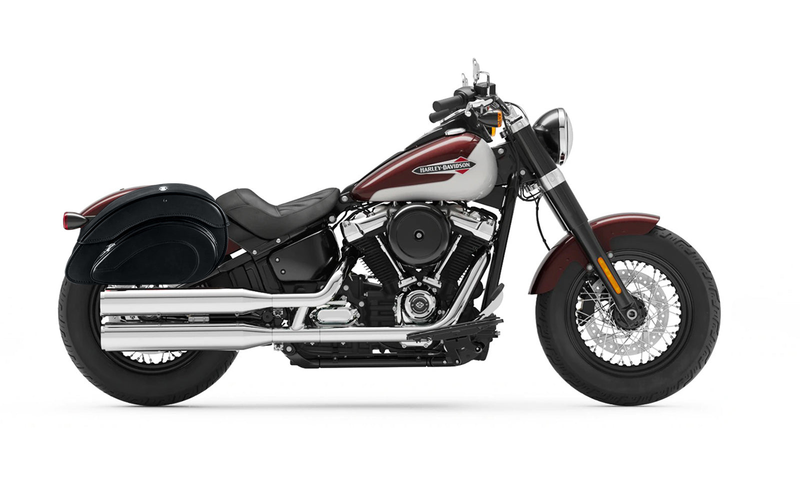 28L - Overlord Large Leather Saddlebags for Harley Softail Slim FLSL on Bike Photo @expand