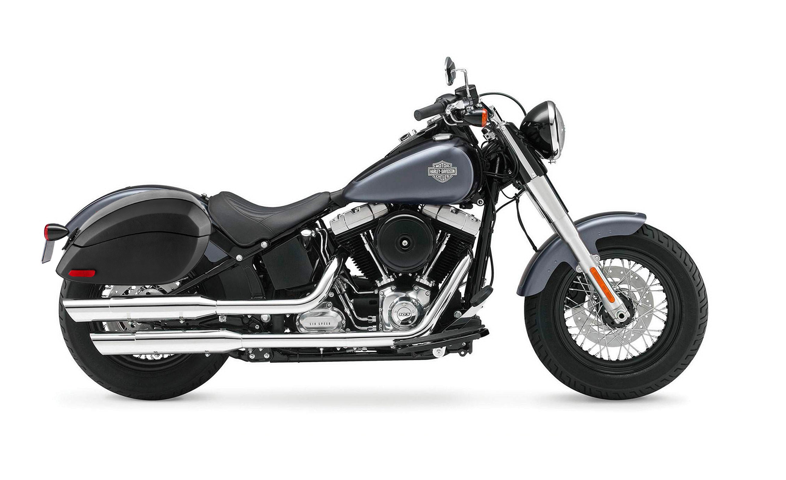 28L - Phantom Large Leather Wrapped Motorcycle Hard Saddlebags For Harley Softail Slim FLS on Bike Photo @expand