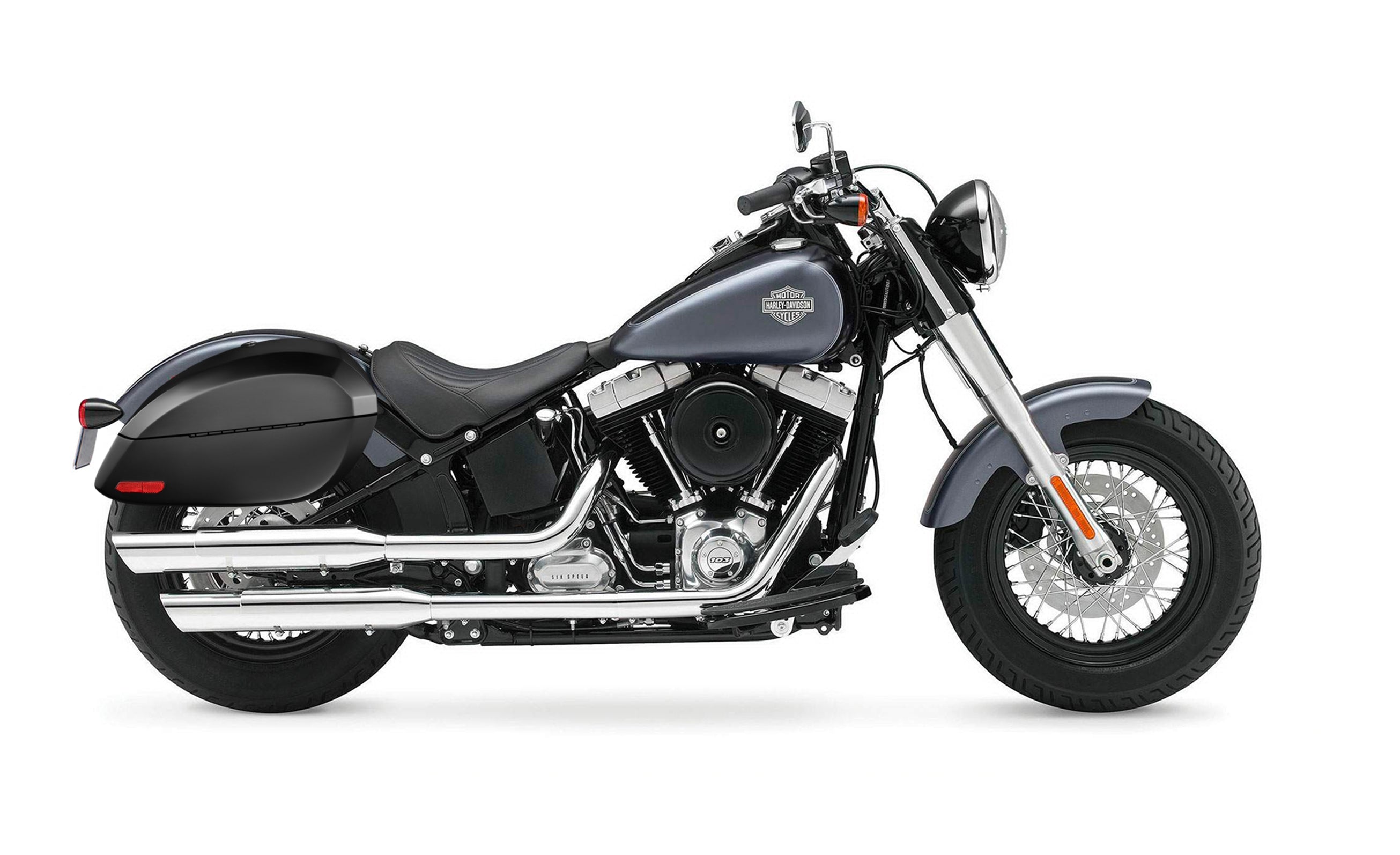 28L - Phantom Large Matte Hard Saddlebags For Harley Davidson Softail Slim FLS on Bike Photo @expand