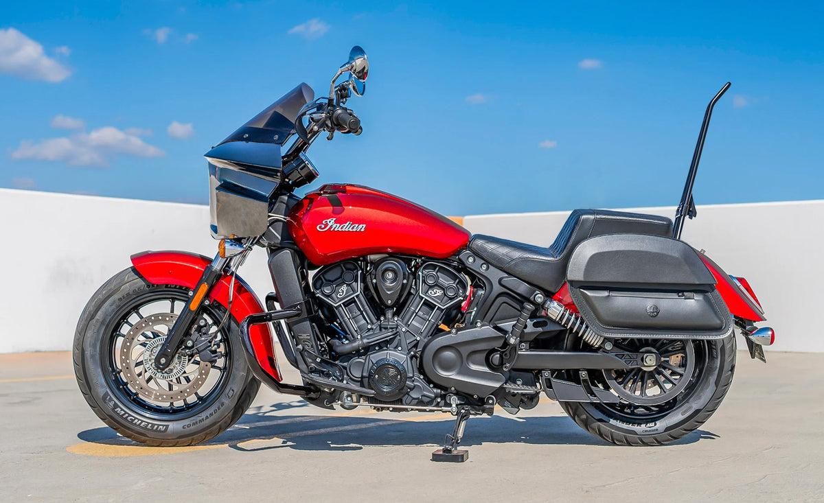 28L - Pantheon Quick-Mount Medium Indian Scout Classic 2025+ Motorcycle Saddlebags Lifestyle @expand
