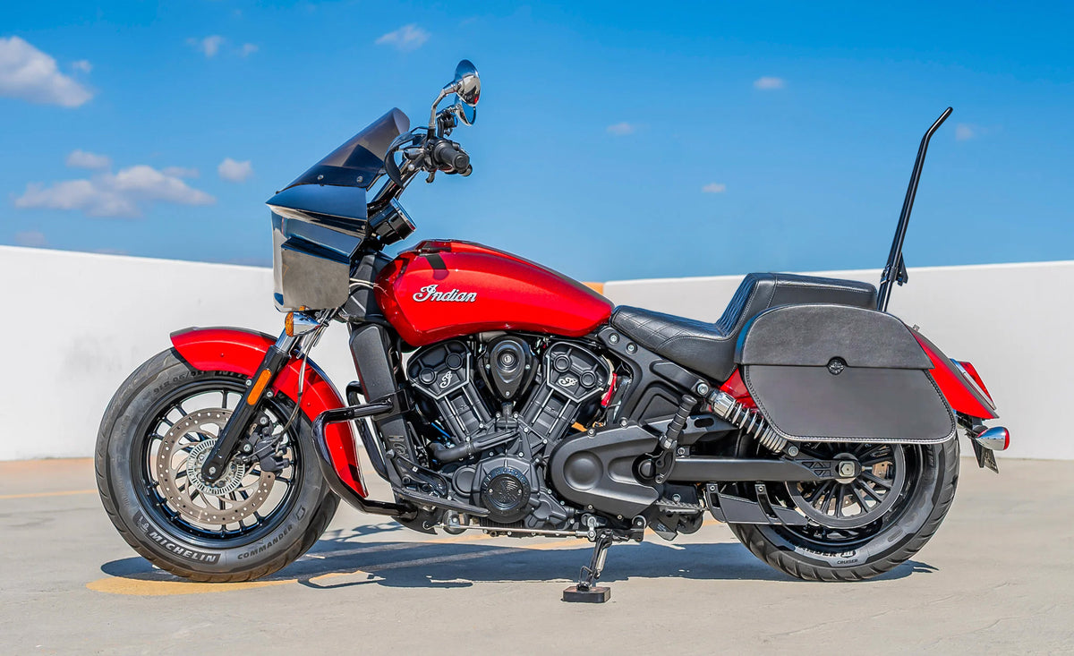 28L - Panzer Quick-Mount Medium Indian Scout Sixty Classic 2025+ Motorcycle Saddlebags Lifestyle @expand
