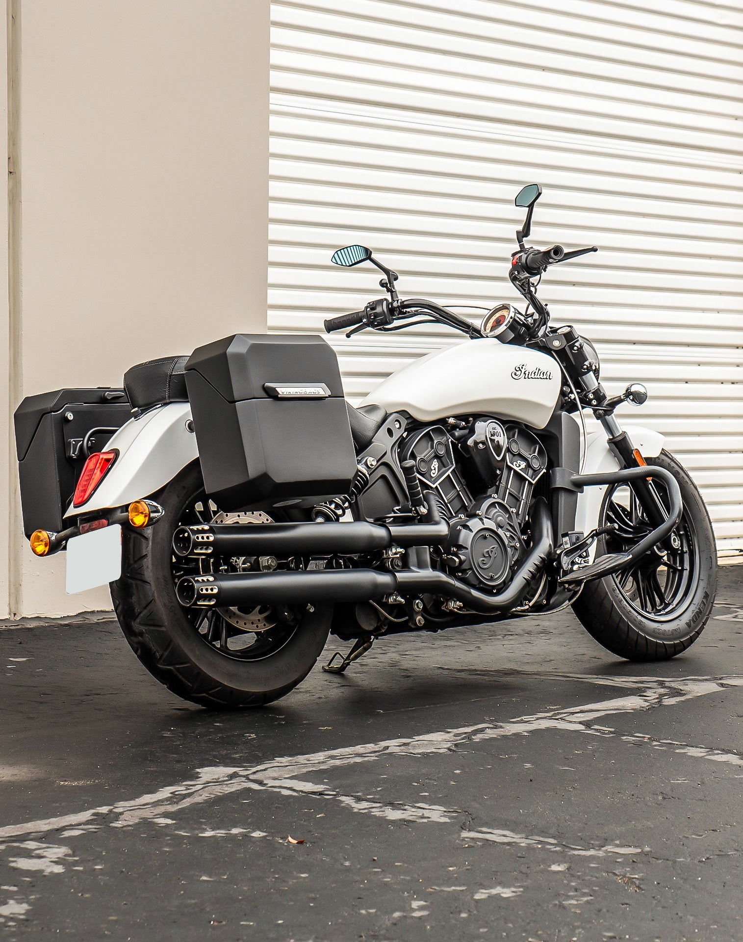 30L - Outlaw Quick-Mount Medium Indian Scout Sixty Classic Matte Hard Saddlebags Lifestyle